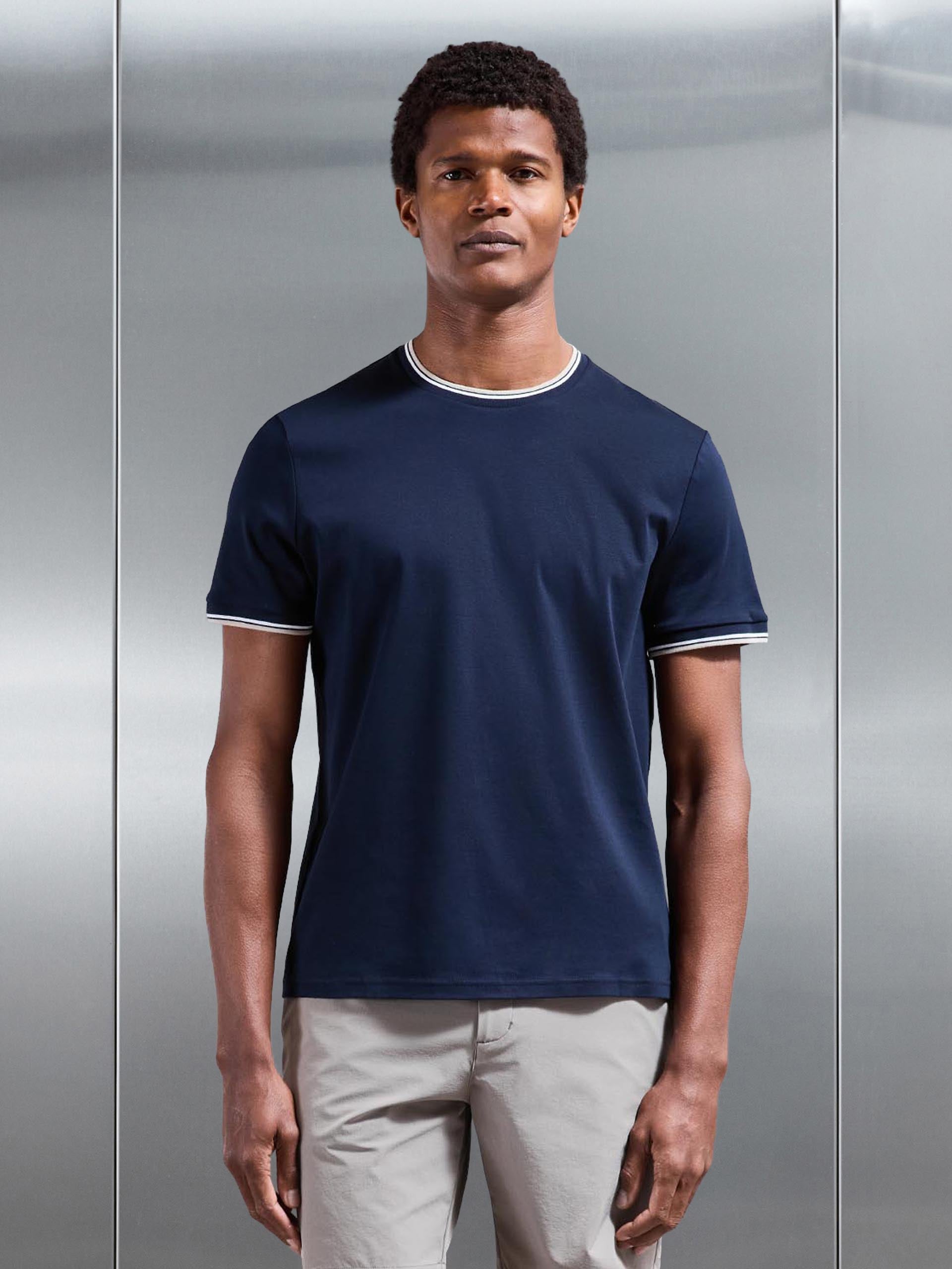 Mercerised Interlock Tipped T-Shirt in Navy