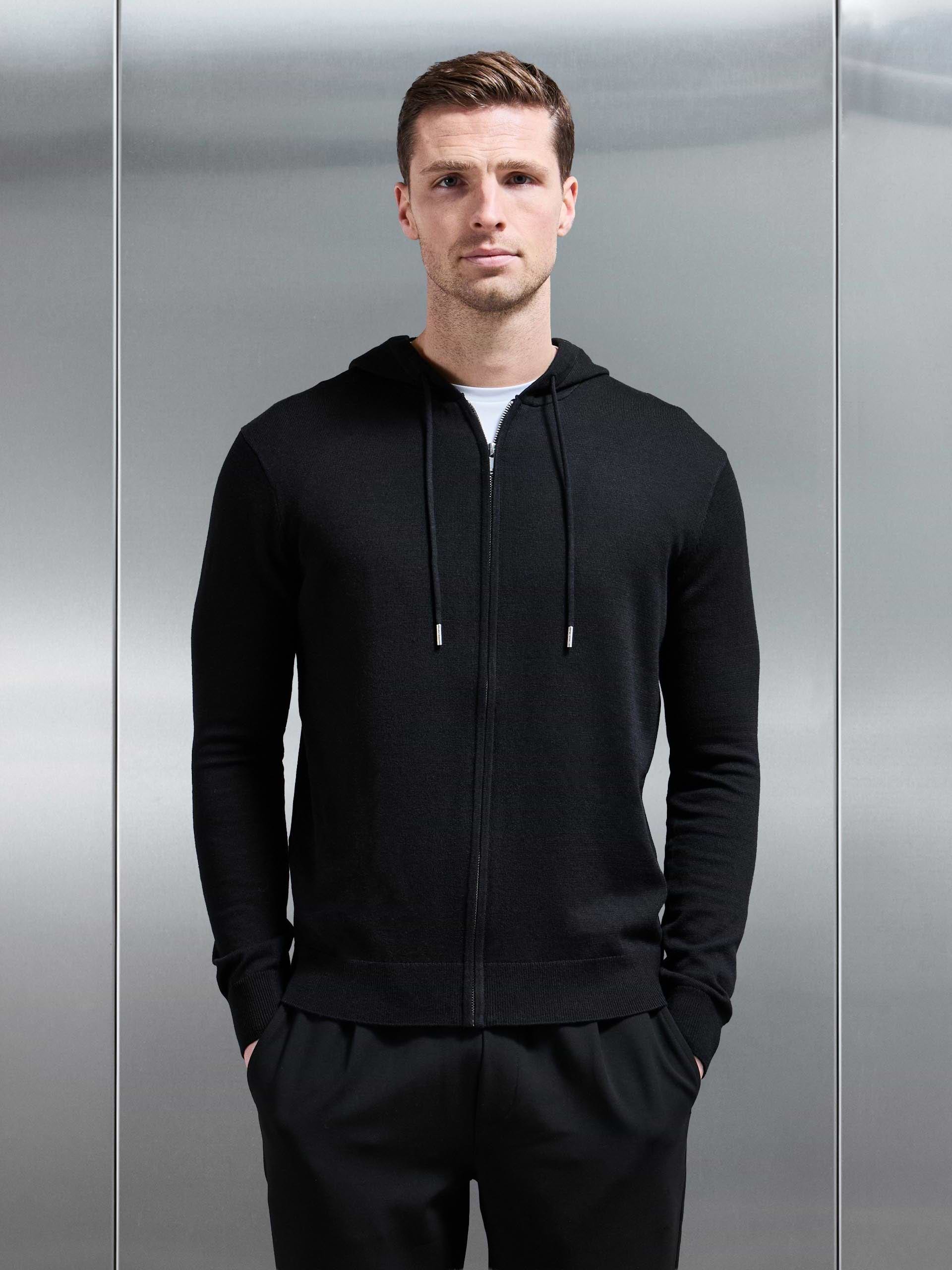 Mercerised Knitted Zip Hoodie in Black