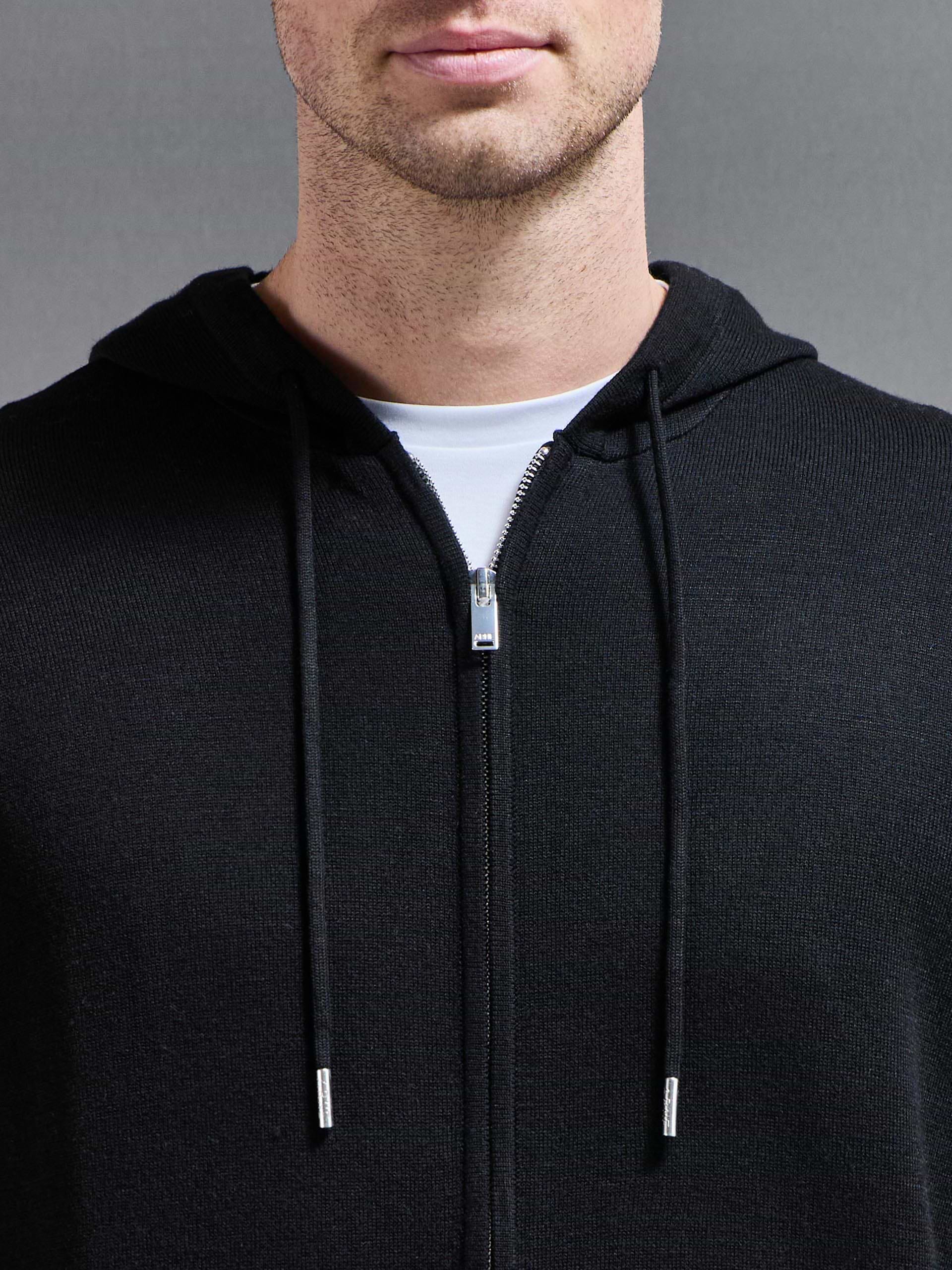 Mercerised Knitted Zip Hoodie in Black
