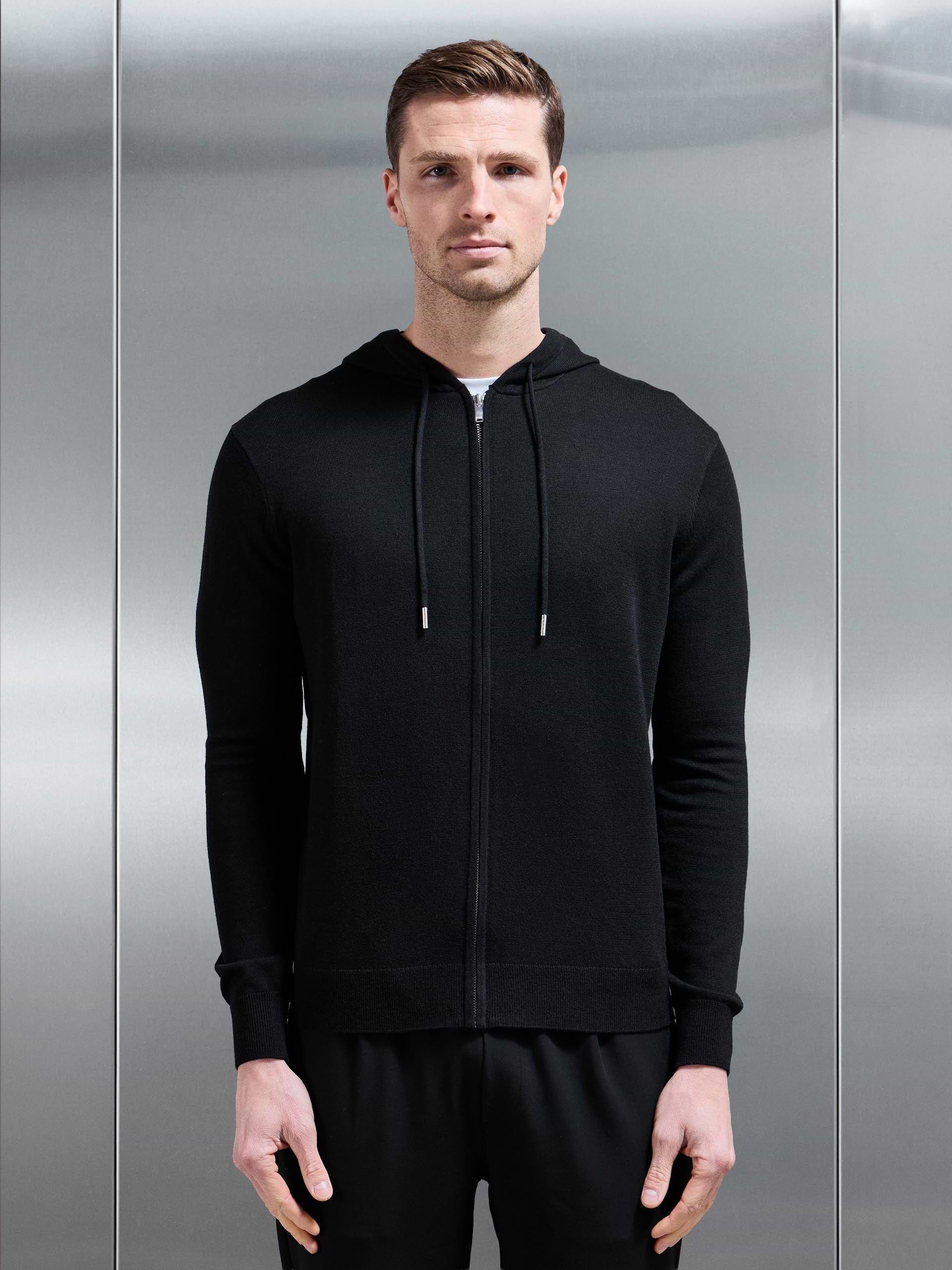 Mercerised Knitted Zip Hoodie in Black