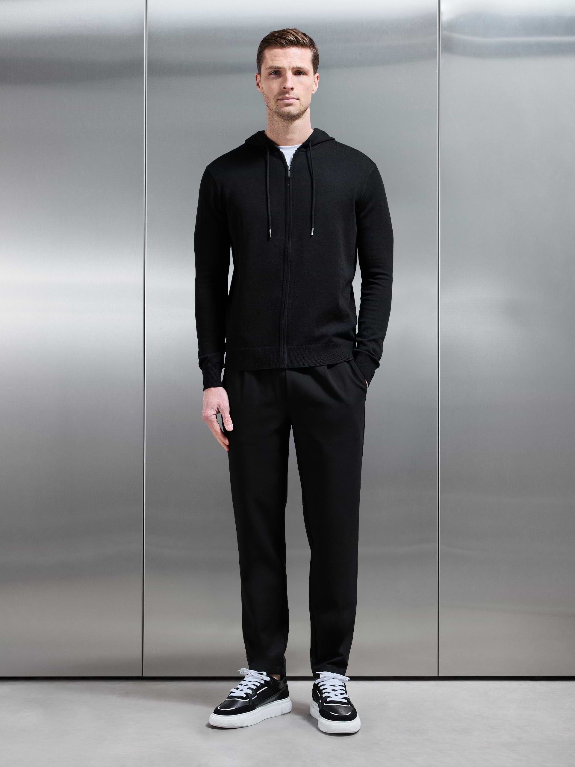 Mercerised Knitted Zip Hoodie in Black
