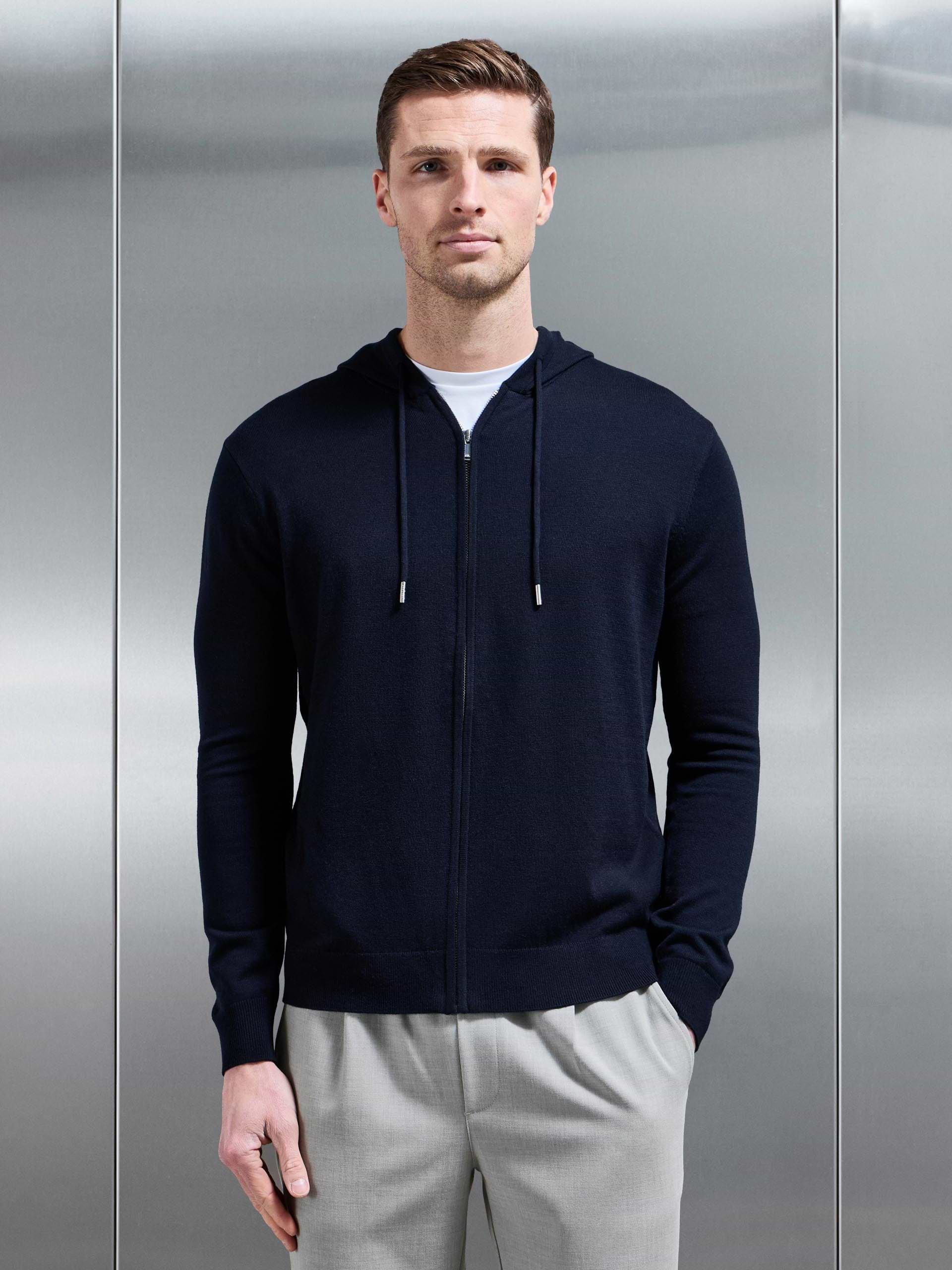 Mercerised Knitted Zip Hoodie in Navy