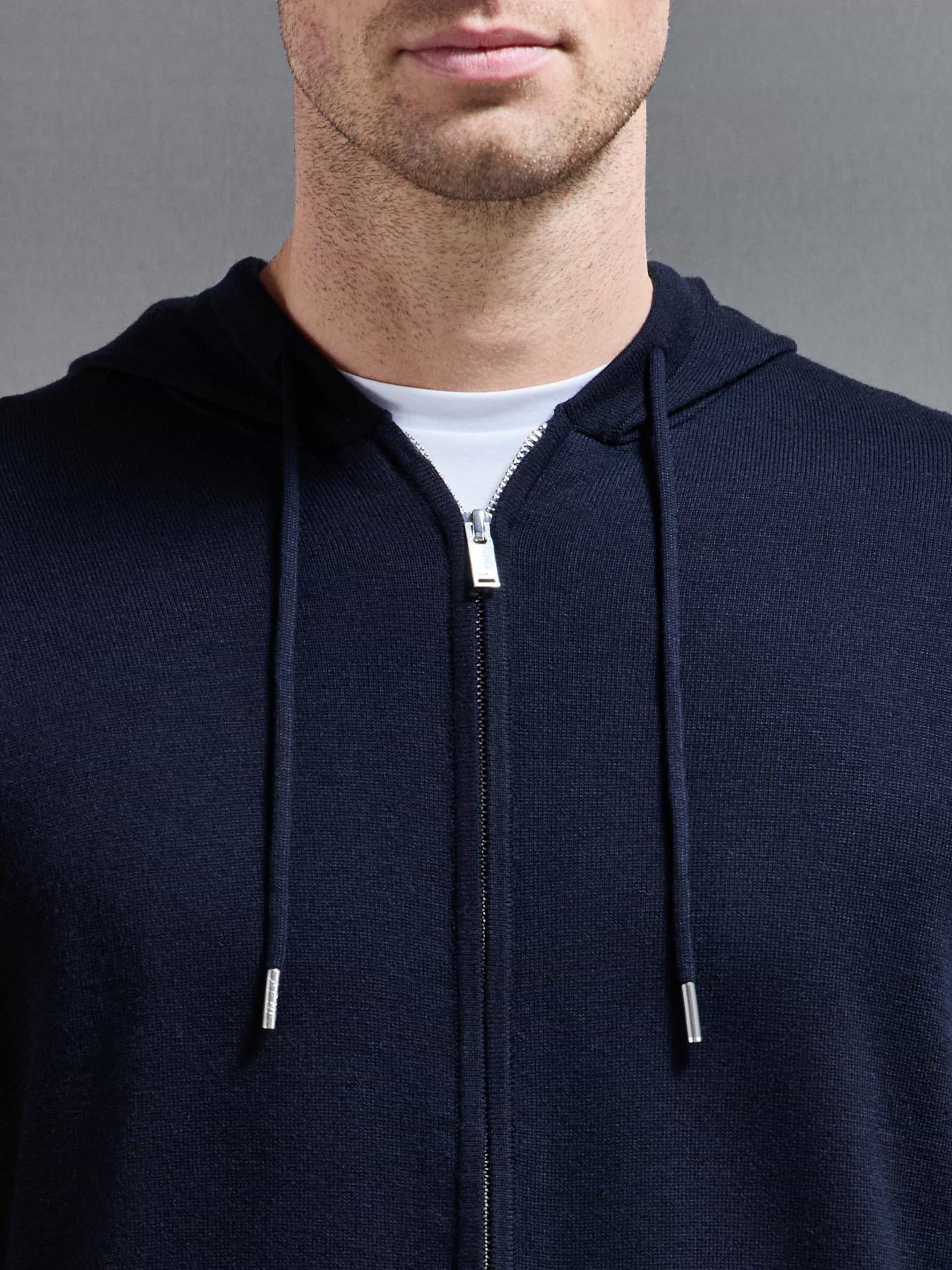 Mercerised Knitted Zip Hoodie in Navy
