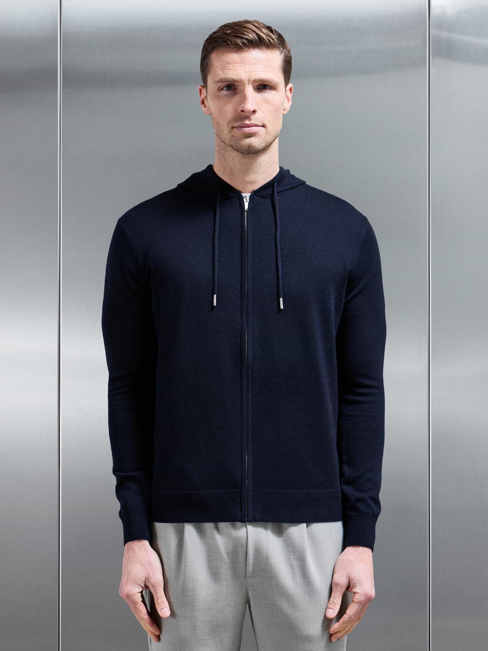 Mercerised Knitted Zip Hoodie in Navy