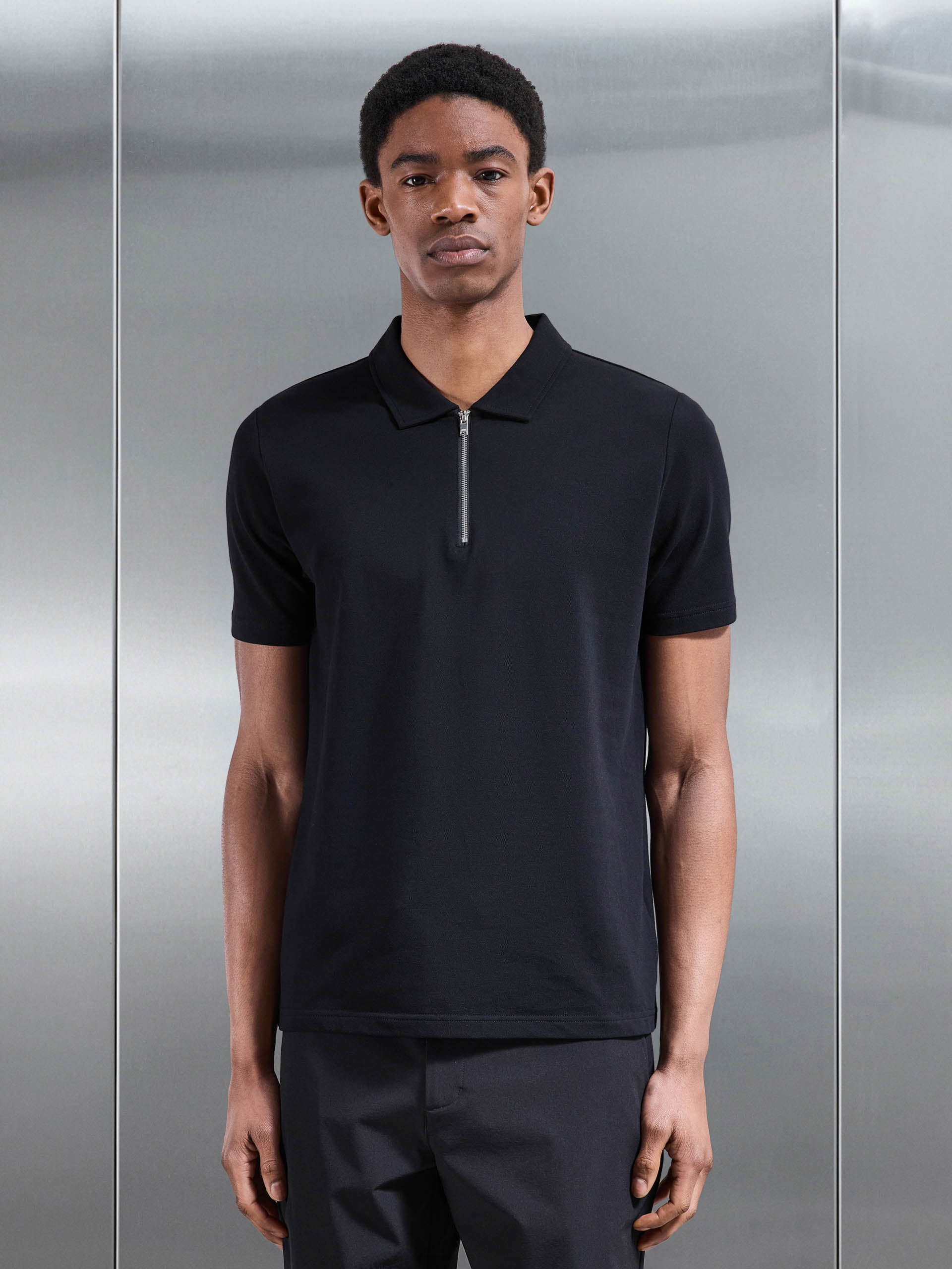 Mercerised Pique Zip Polo Shirt in Black | ARNE UK