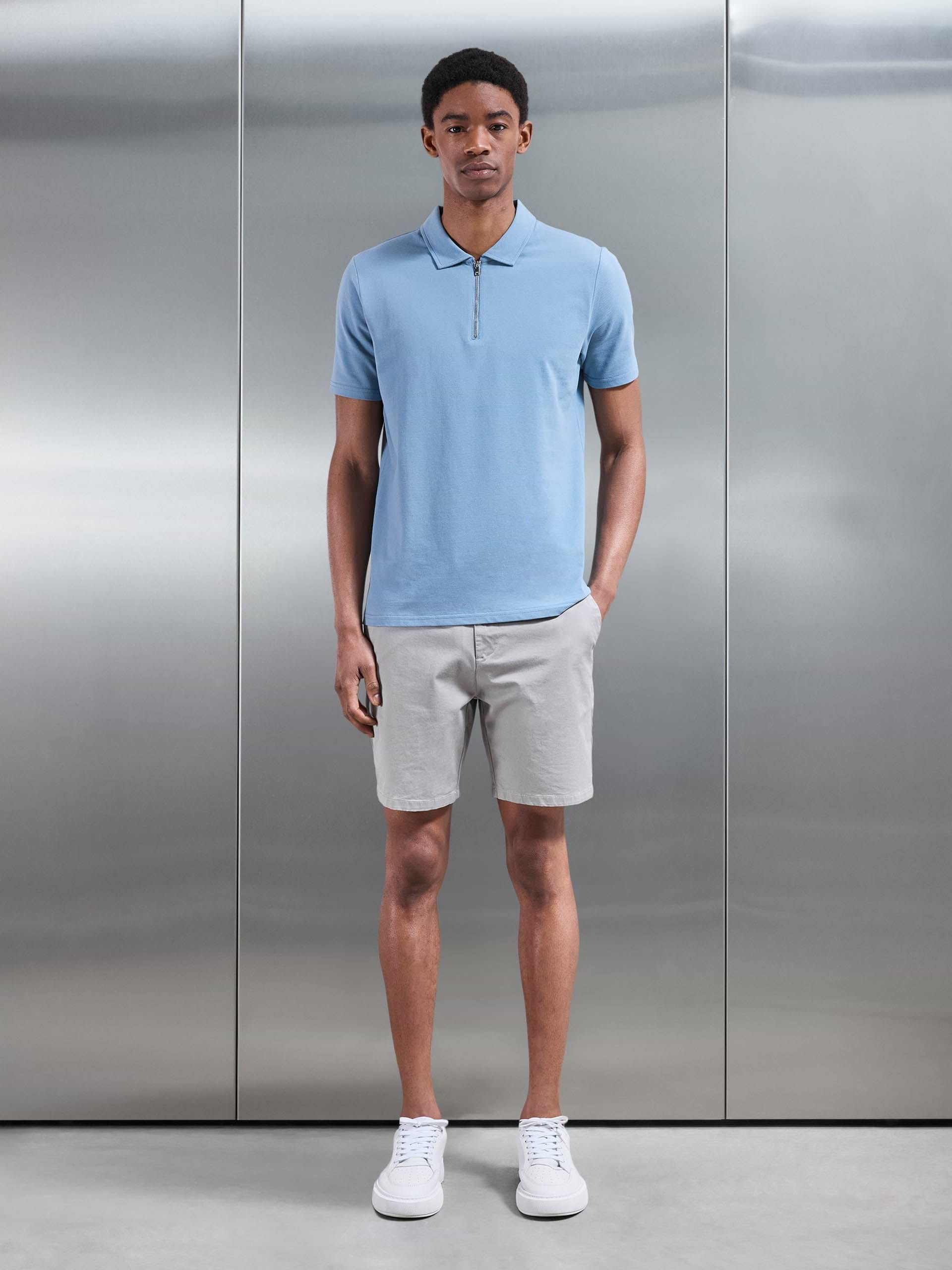 Mercerised Pique Zip Polo Shirt in Light Blue