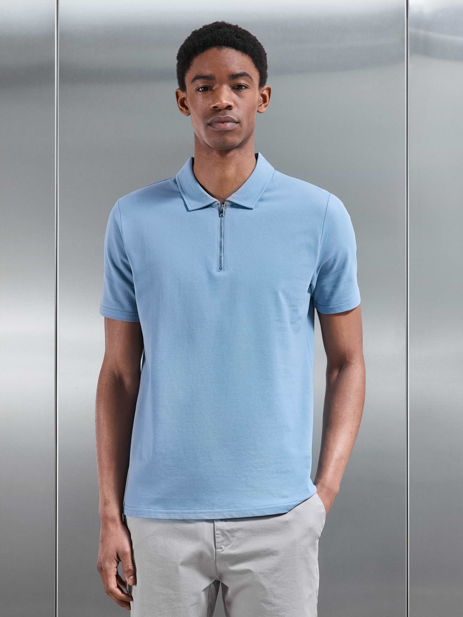 Mercerised Pique Zip Polo Shirt in Light Blue