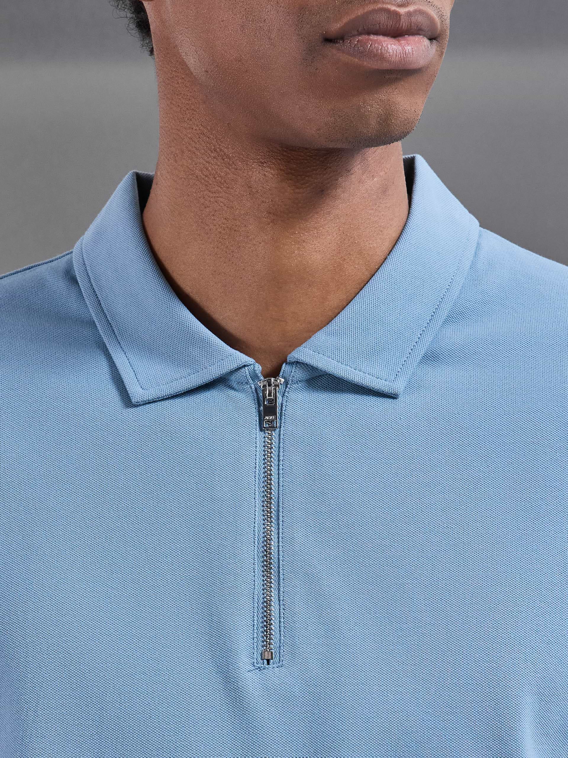 Mercerised Pique Zip Polo Shirt in Light Blue