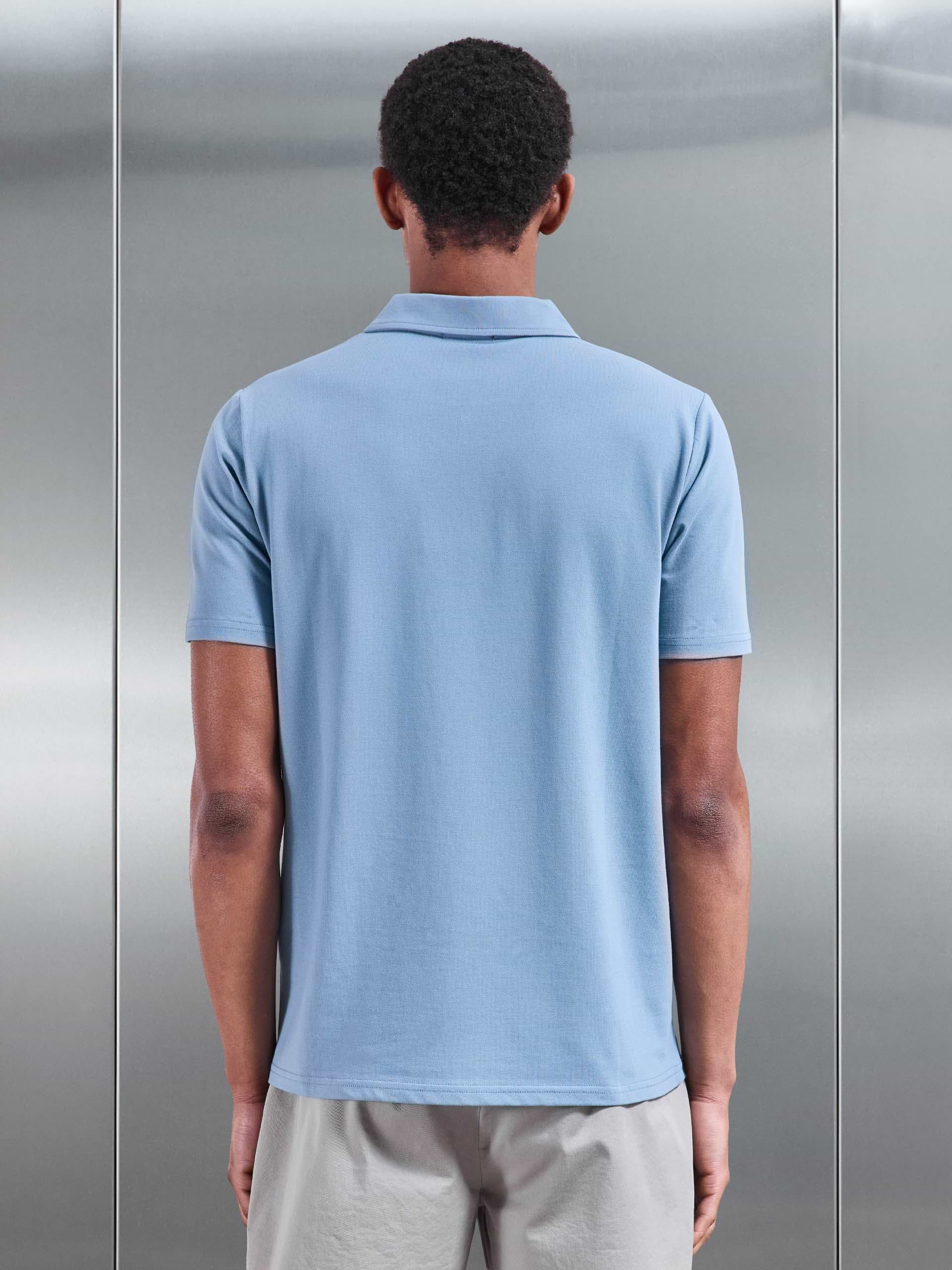 Mercerised Pique Zip Polo Shirt in Light Blue