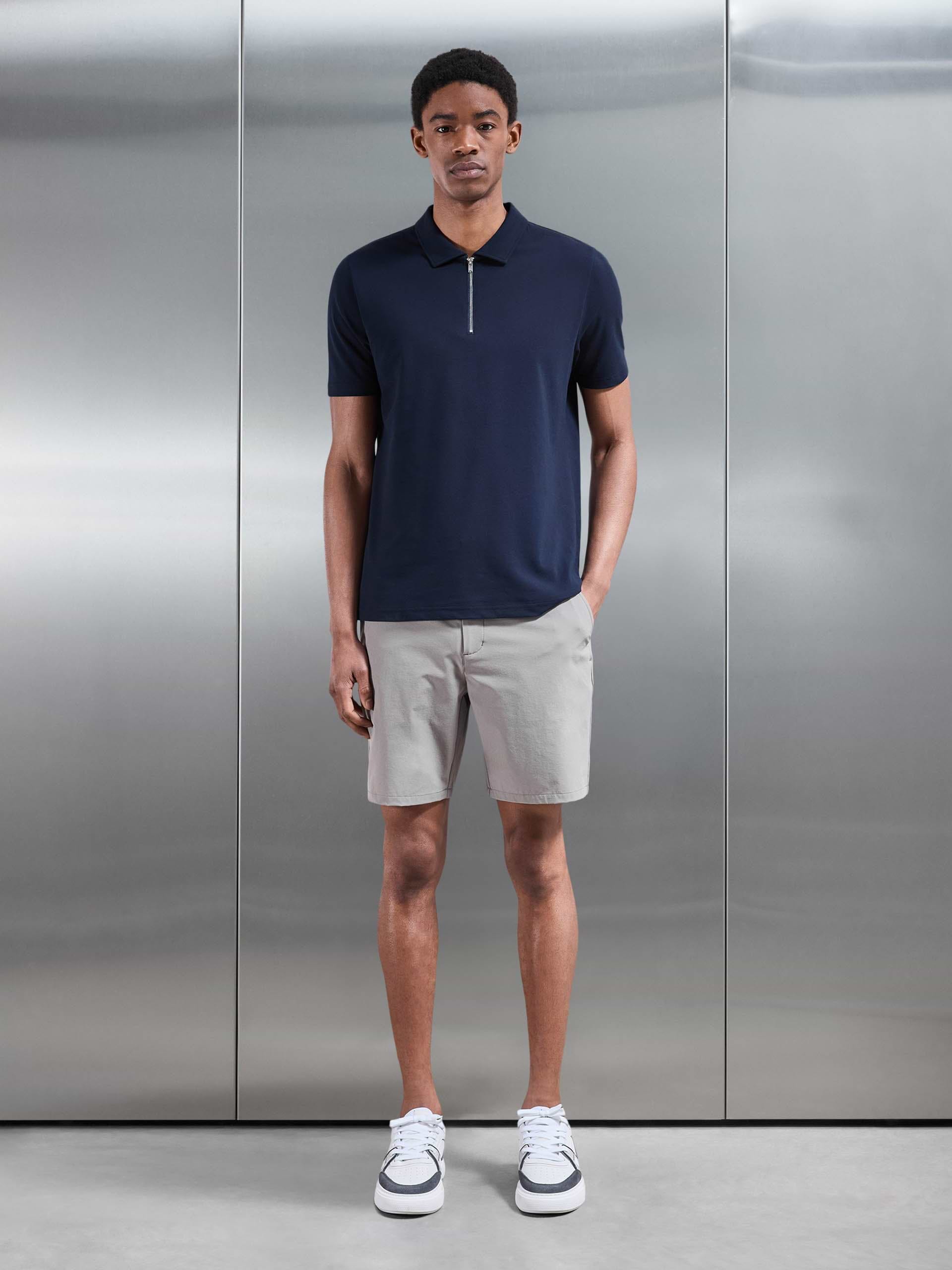 Mercerised Pique Zip Polo Shirt in Navy