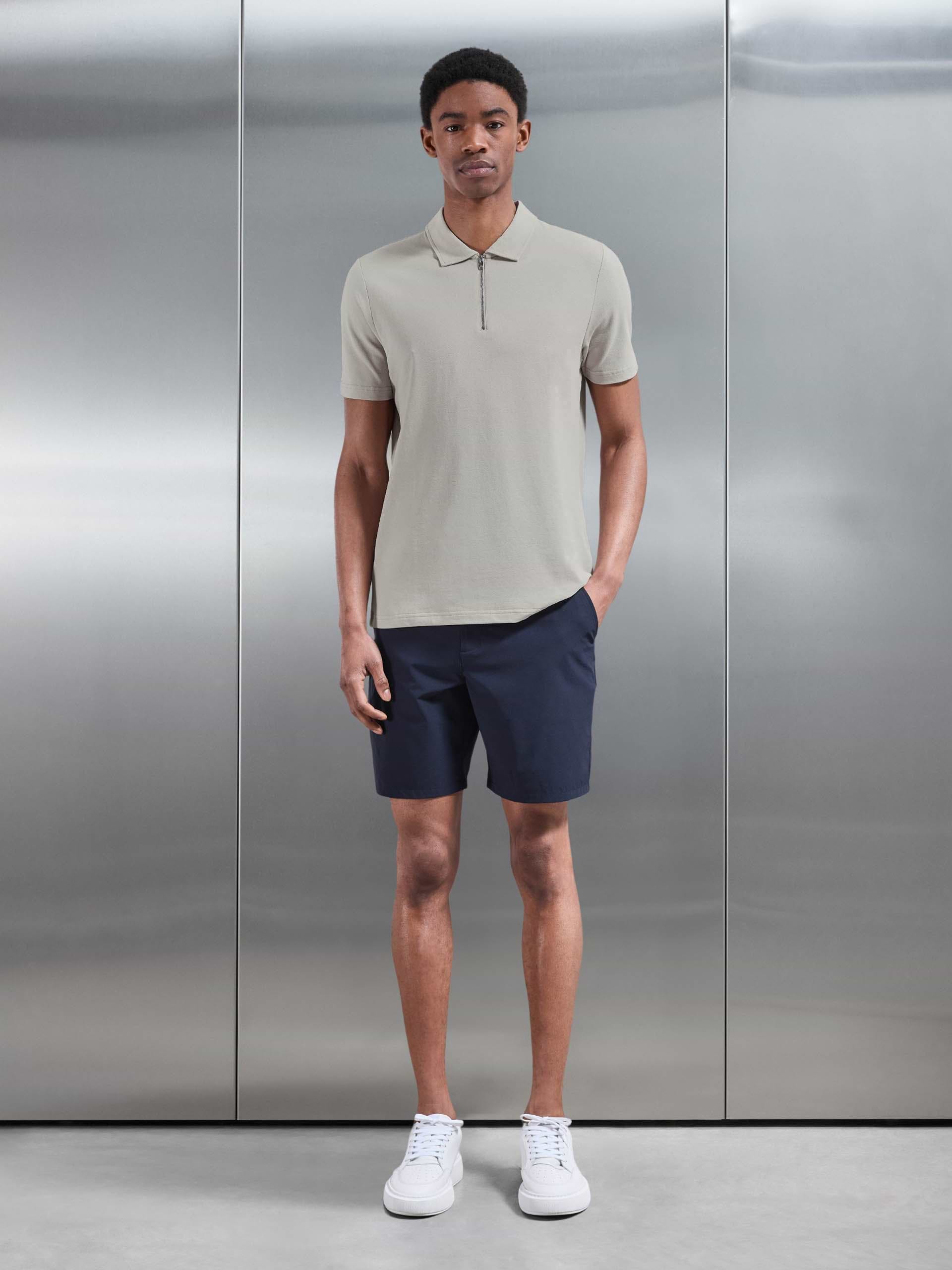 Mercerised Pique Zip Polo Shirt In Stone