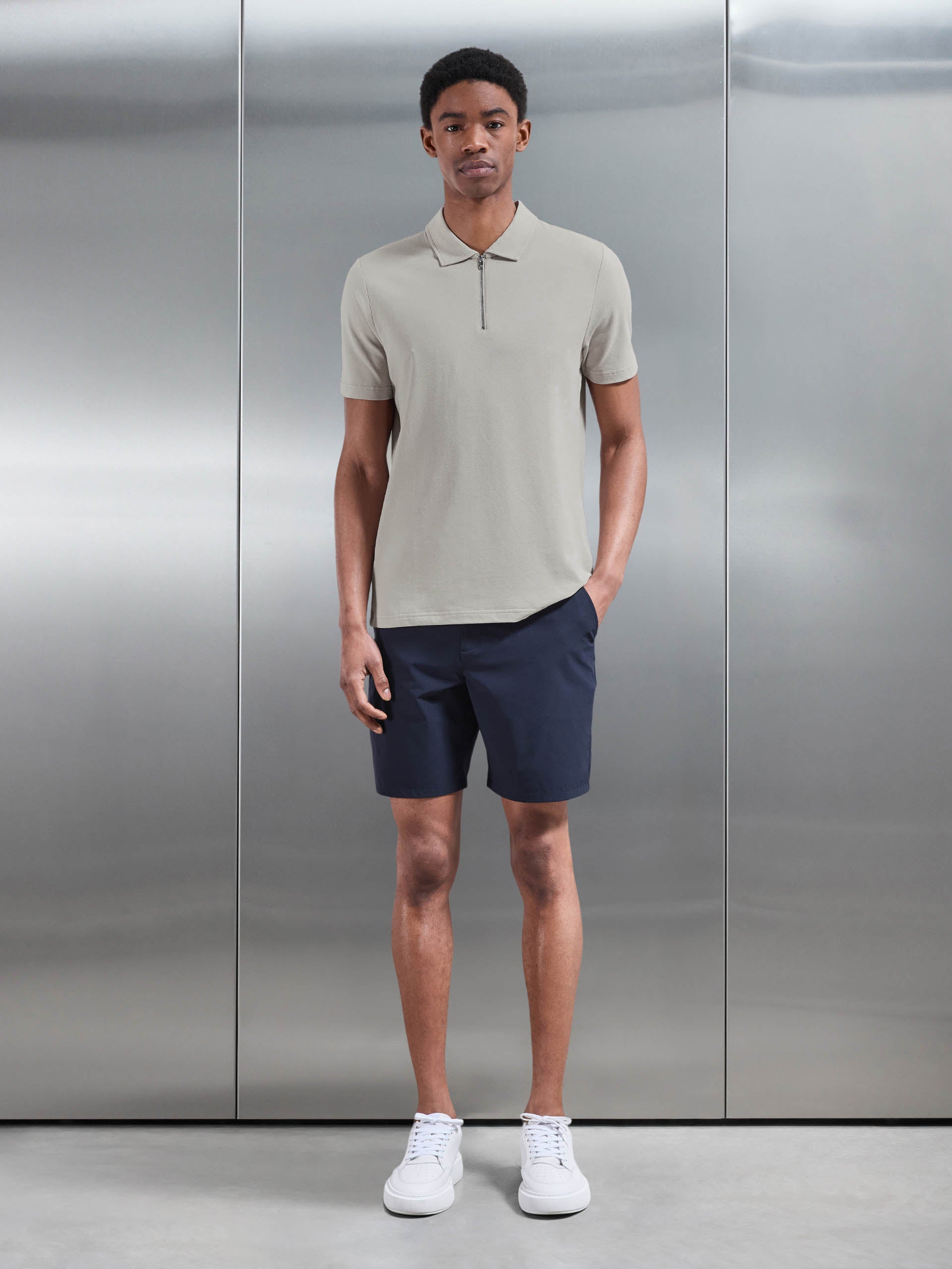 Mercerised Pique Zip Polo Shirt In Stone