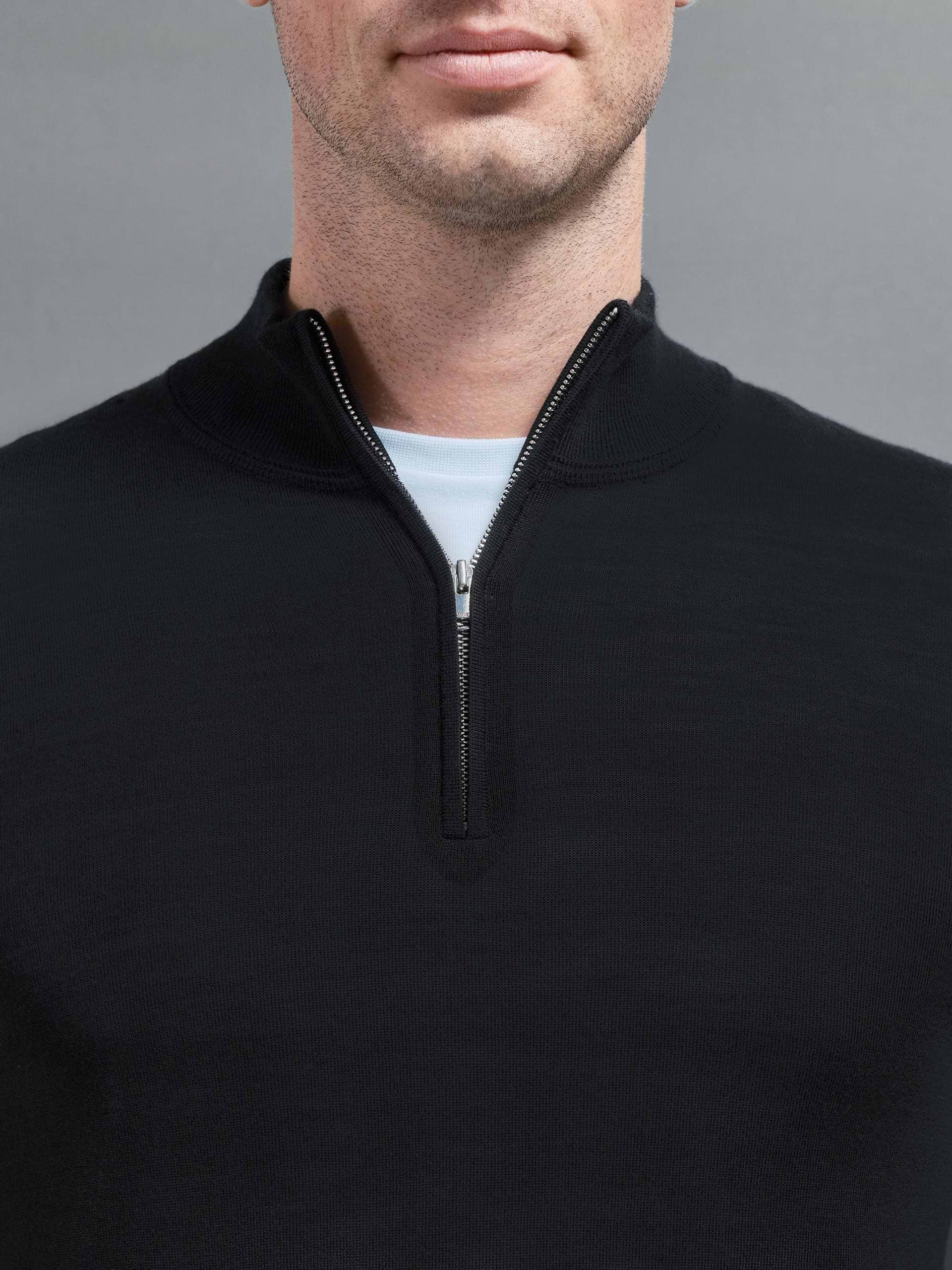 Merino Wool Half Zip Funnel Neck in Black