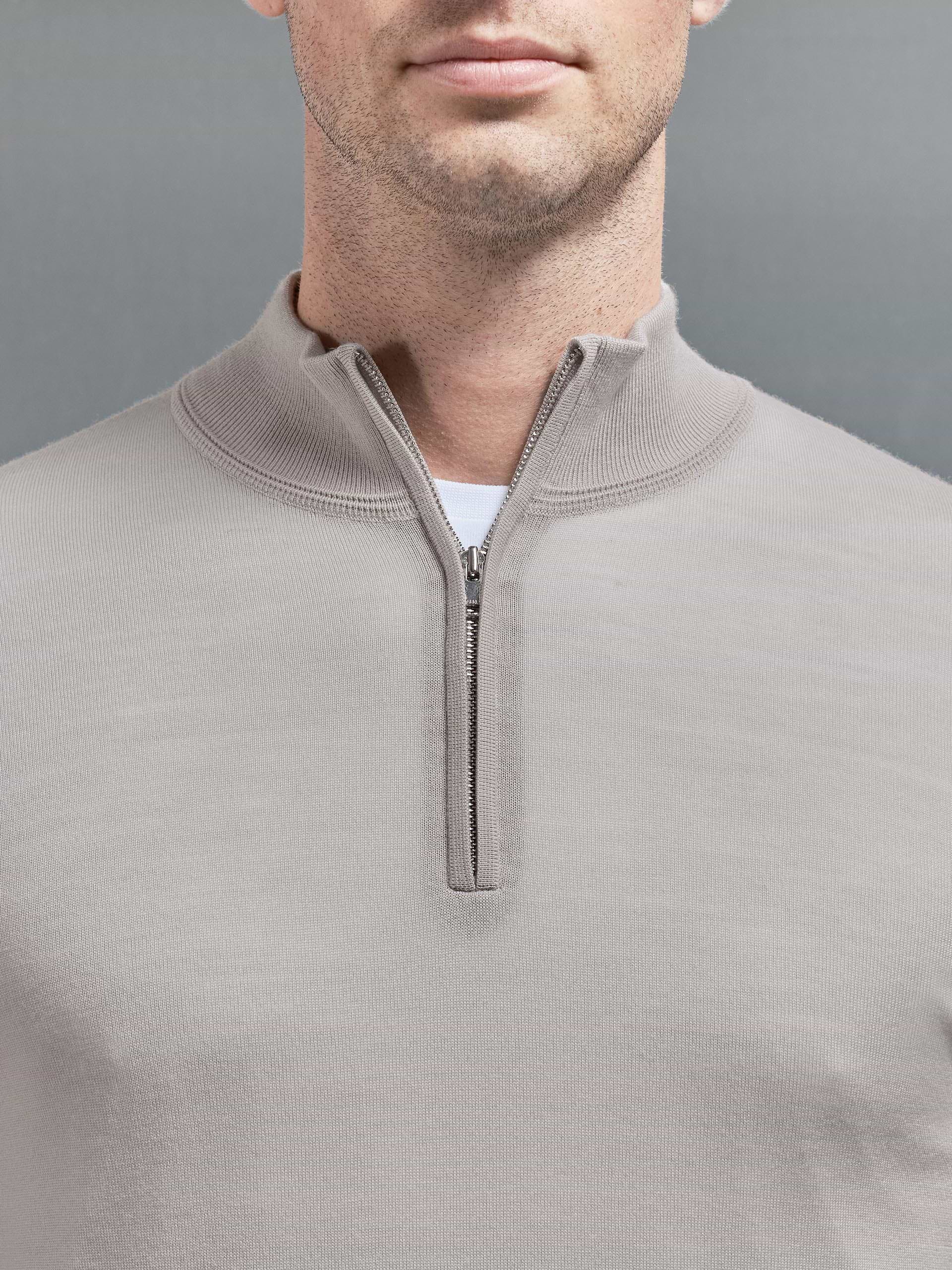 Merino Wool Half Zip Funnel Neck in Stone