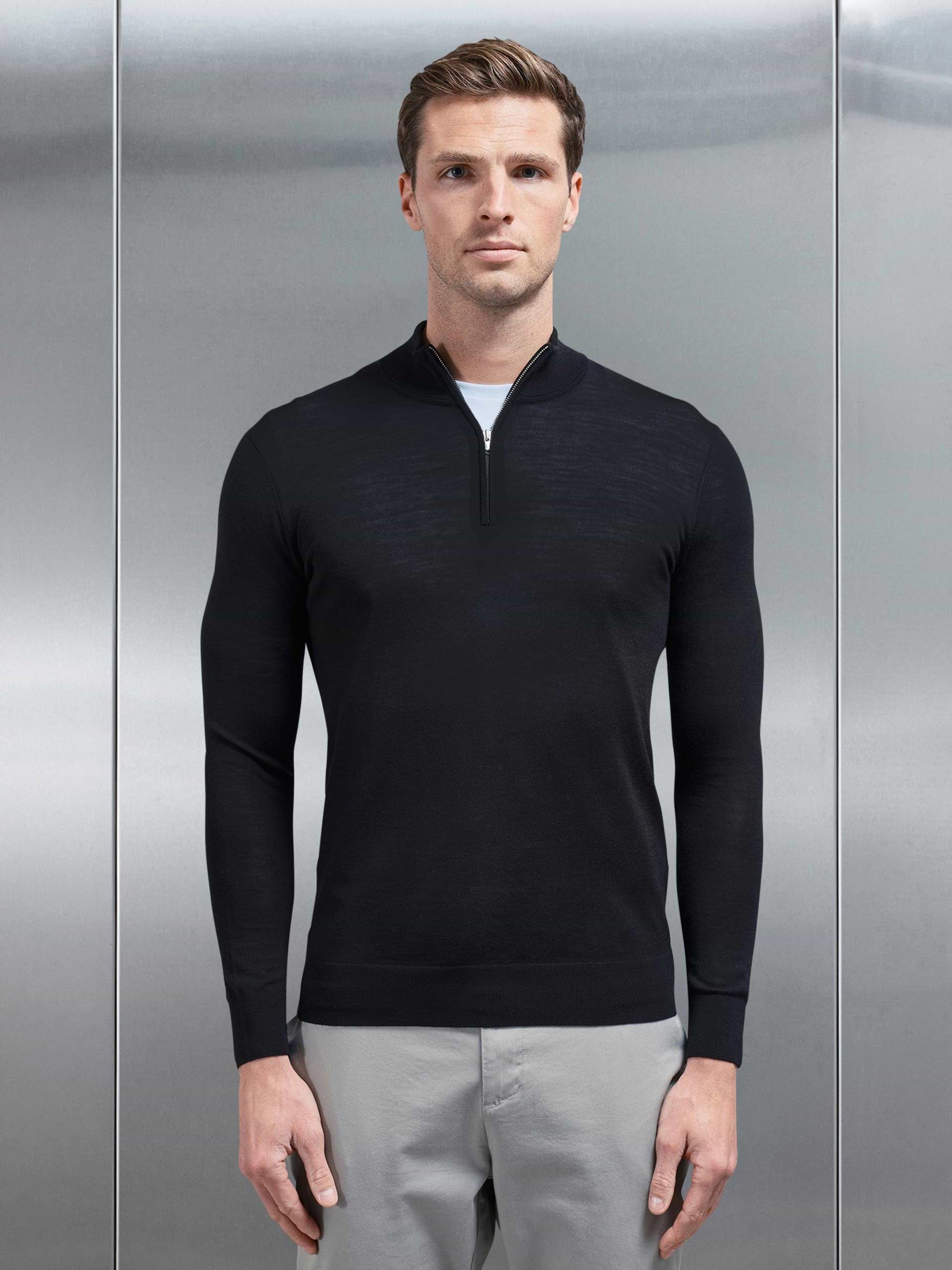 Merino Wool Half Zip Funnel Neck in Black