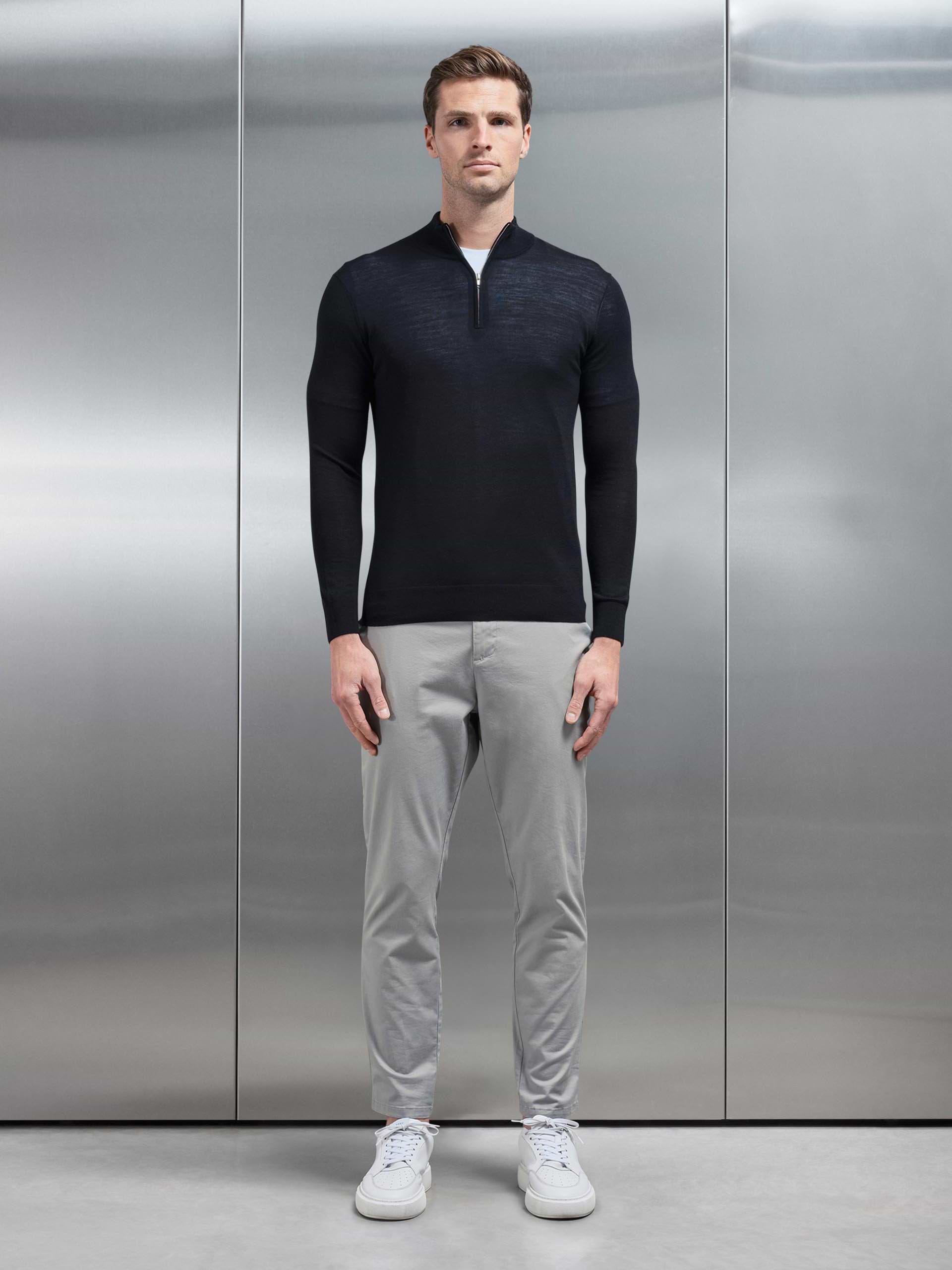 Merino Wool Half Zip Funnel Neck in Black