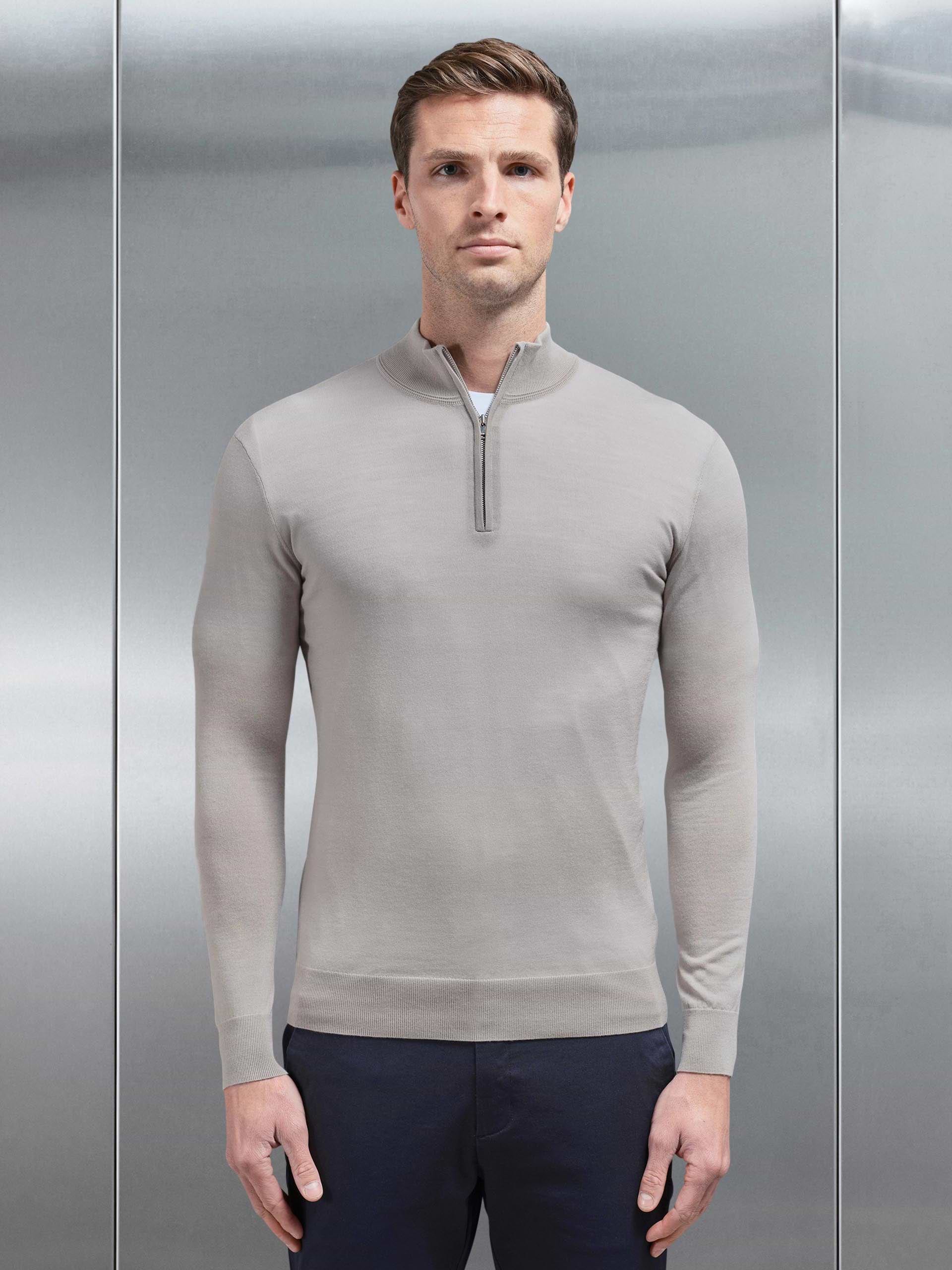 Merino Wool Half Zip Funnel Neck in Stone