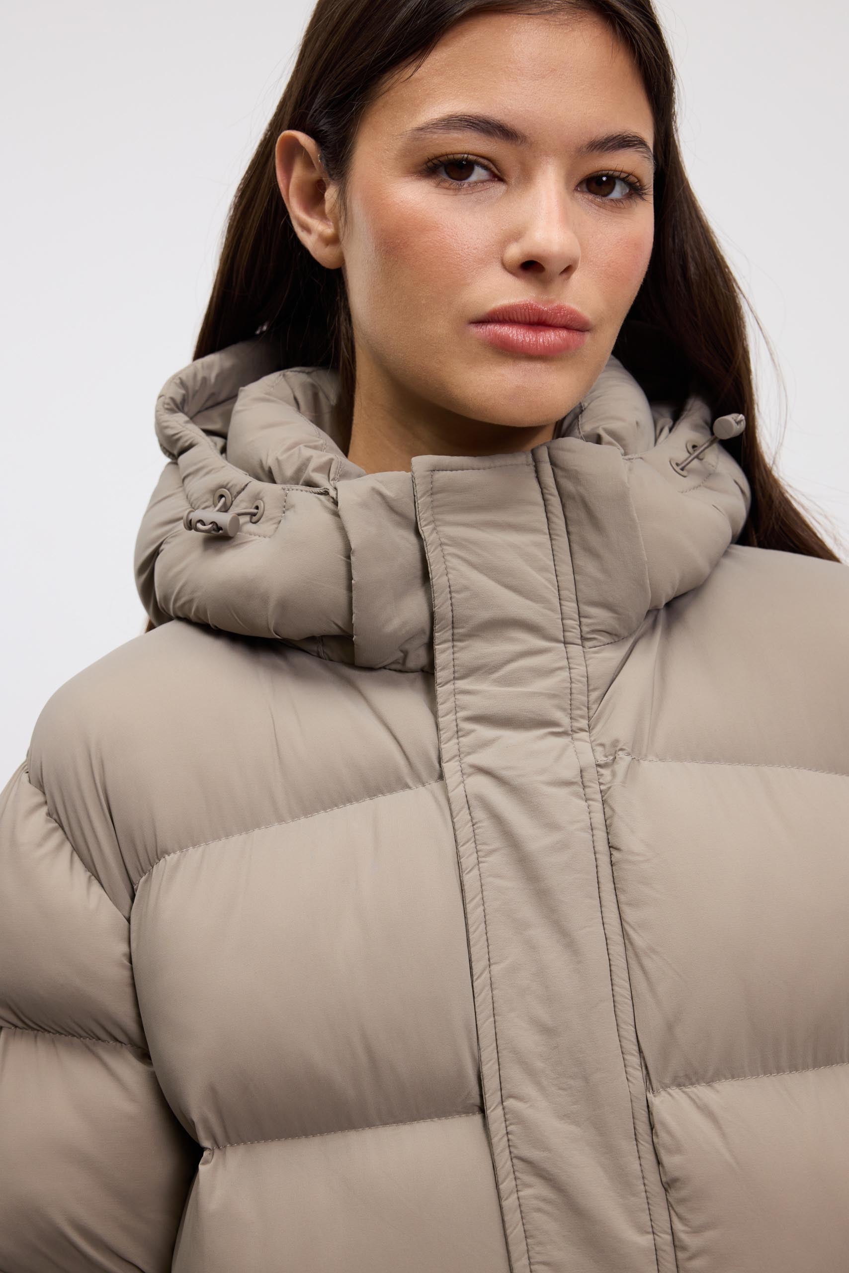 Womens Mid Length Puffer Jacket in Stone