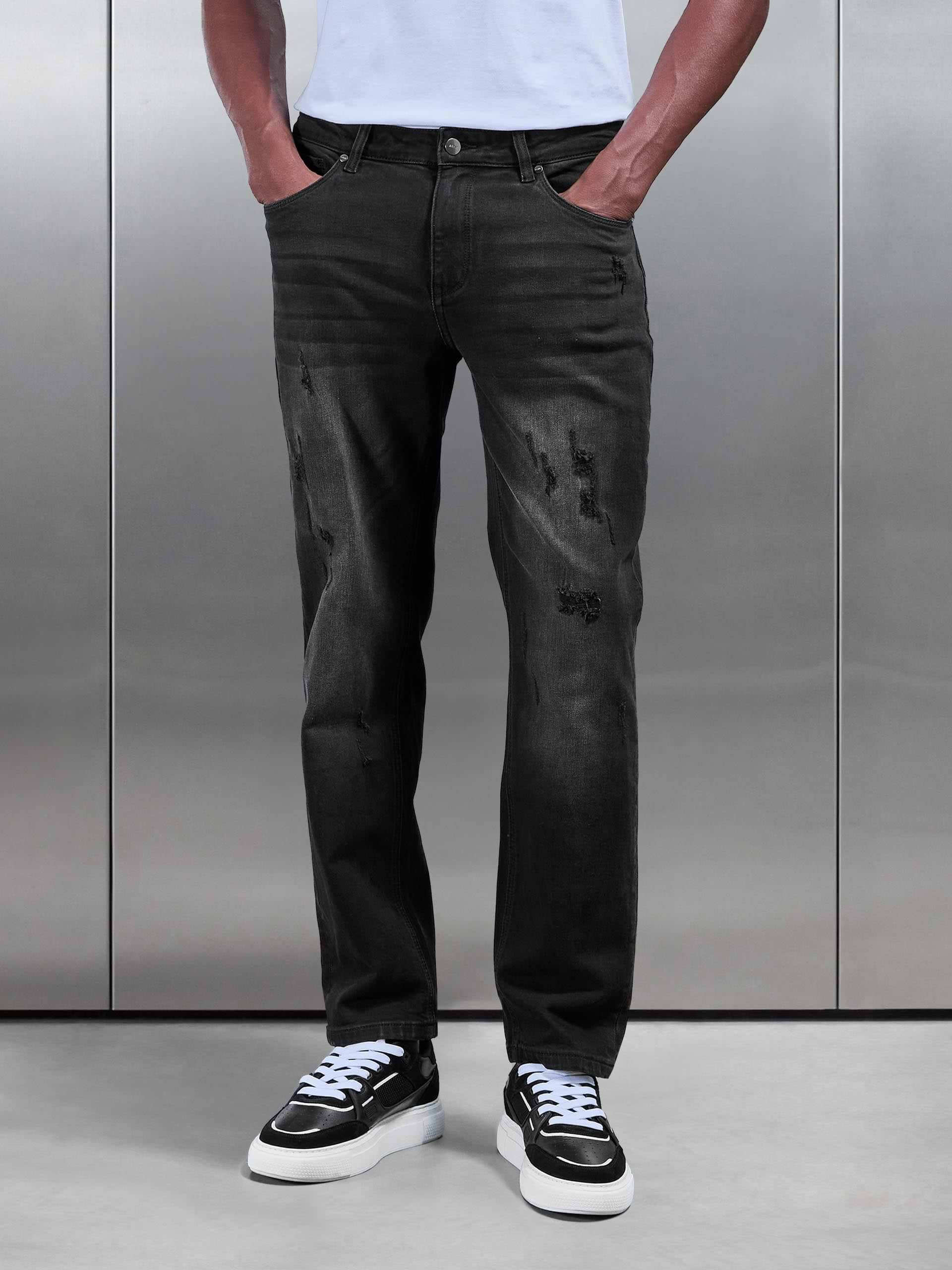 Mens Distressed Straight Leg Denim Jeans Black Wash