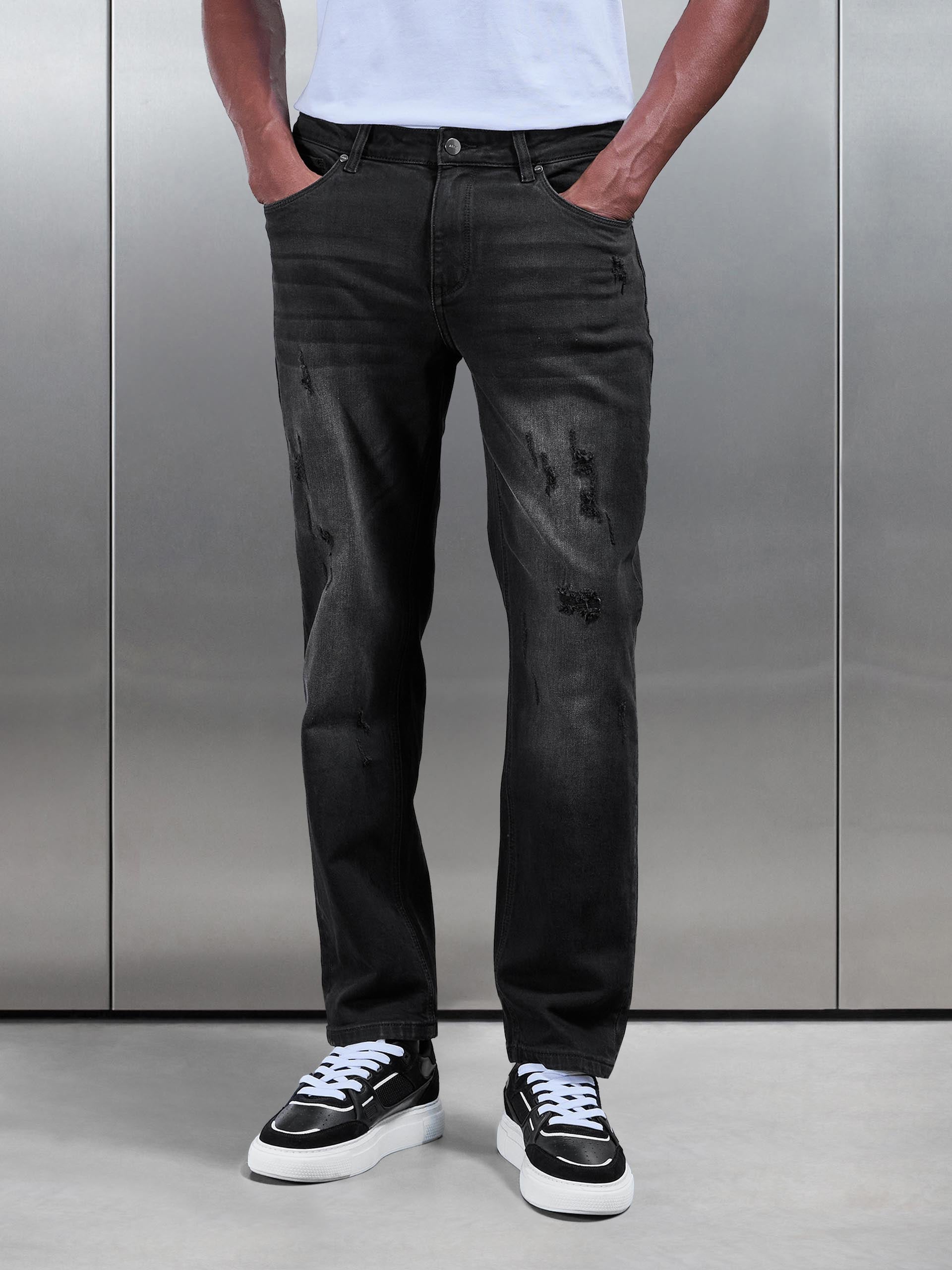 Mens Distressed Straight Leg Denim Jeans Black Wash