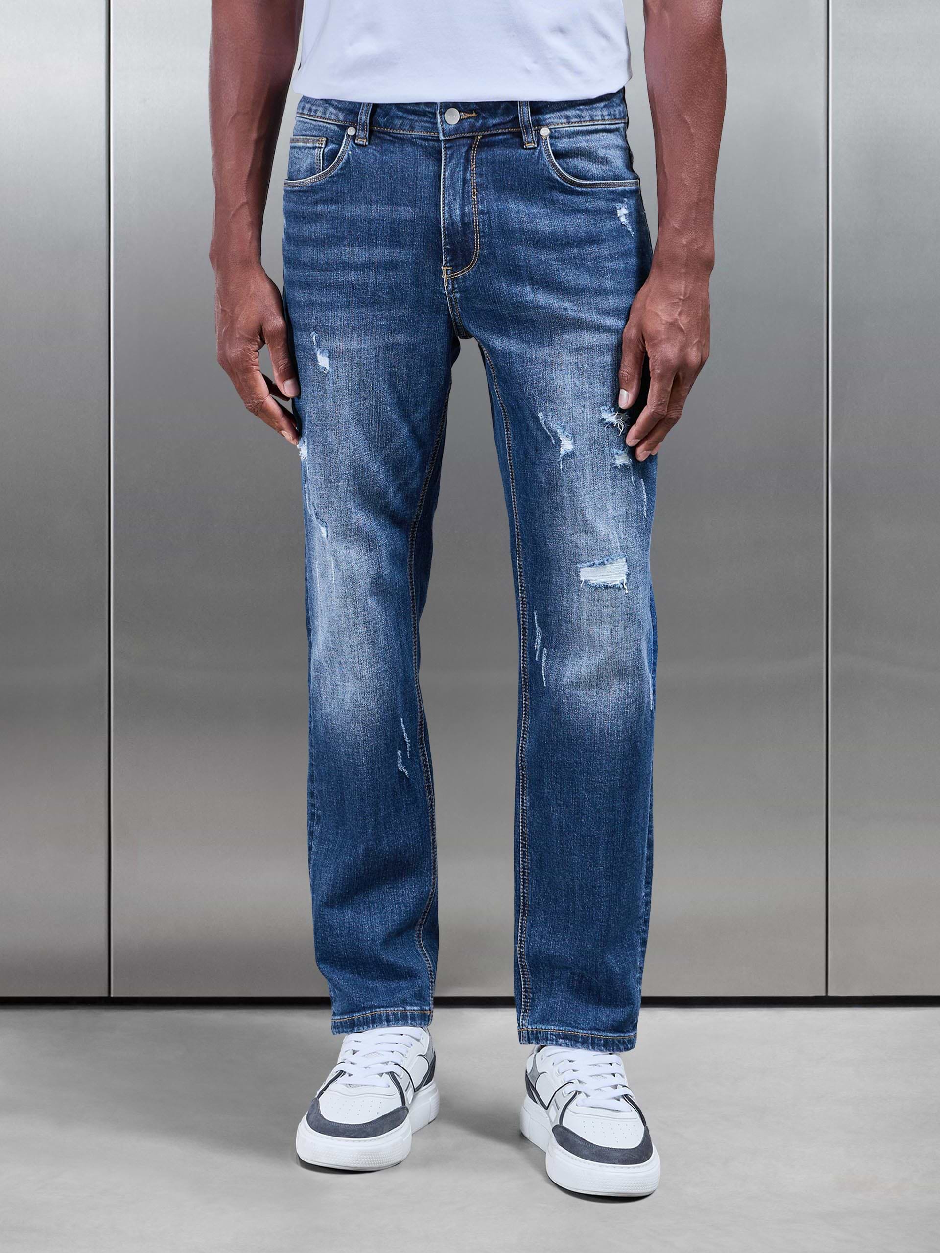 Mens Distressed Straight Leg Denim Jeans Mid Blue