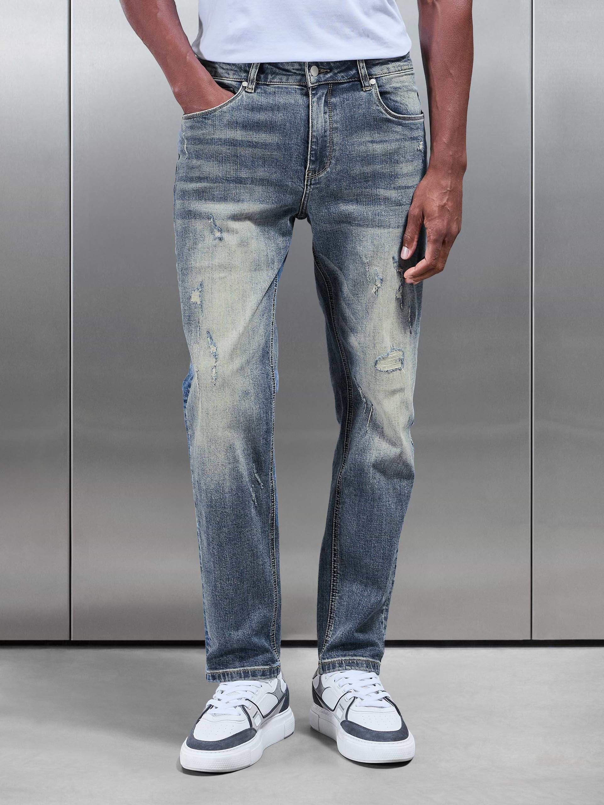 Mens Distressed Straight Leg Denim Jeans Sand Wash