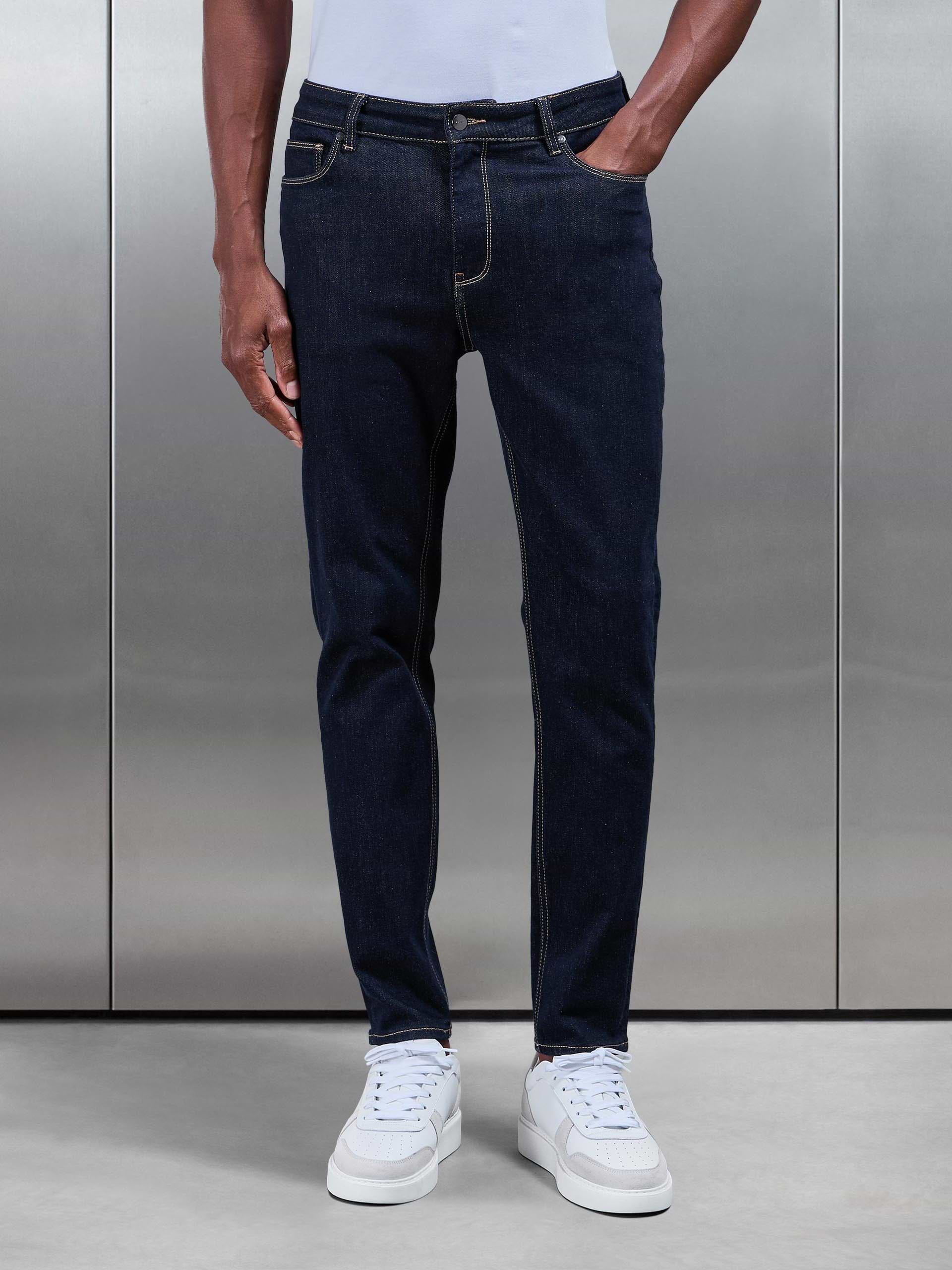 Mens Slim Fit Denim Jeans Solid Dark Blue