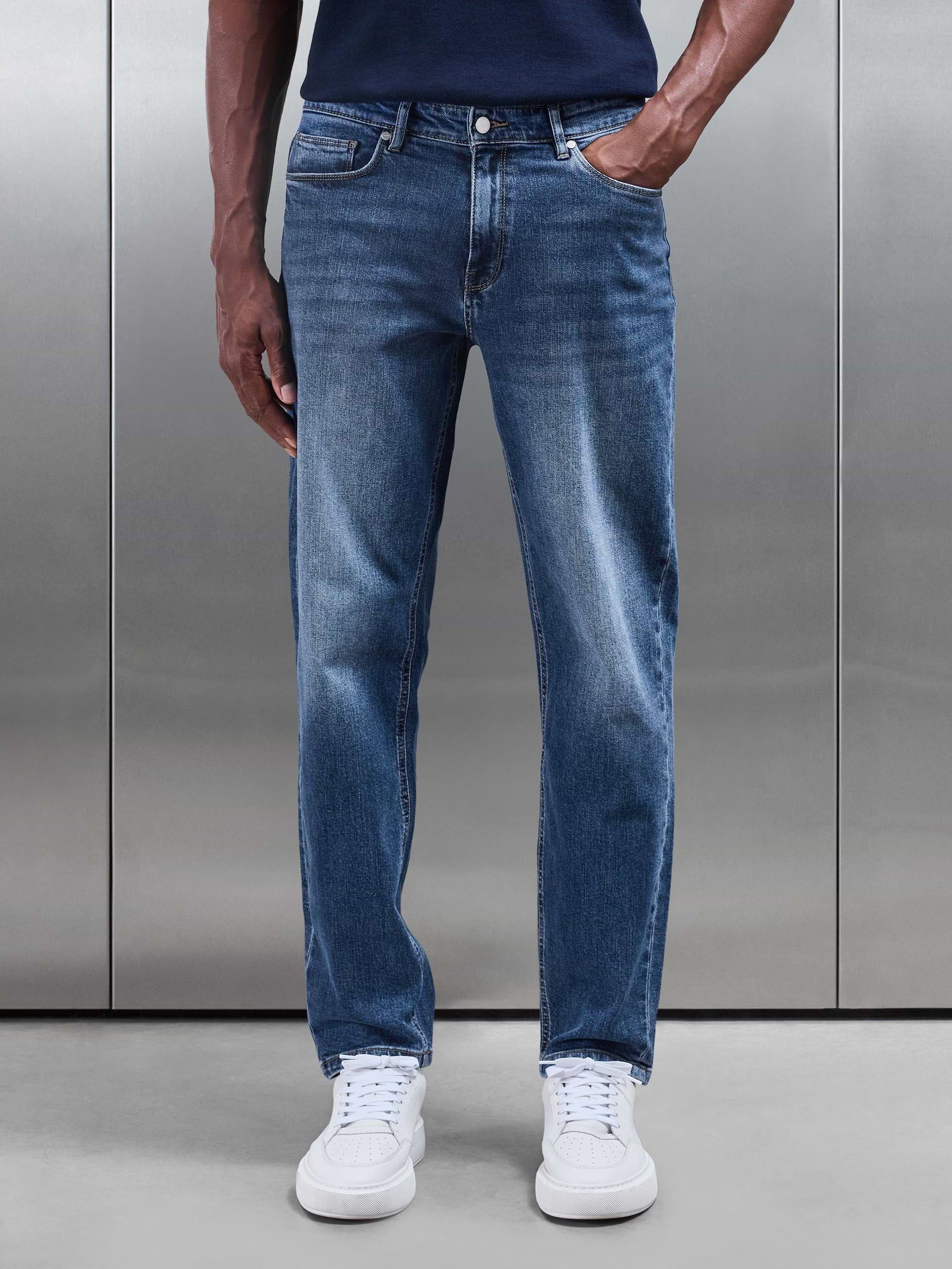 Mens Straight Leg Denim Jeans Mid Blue