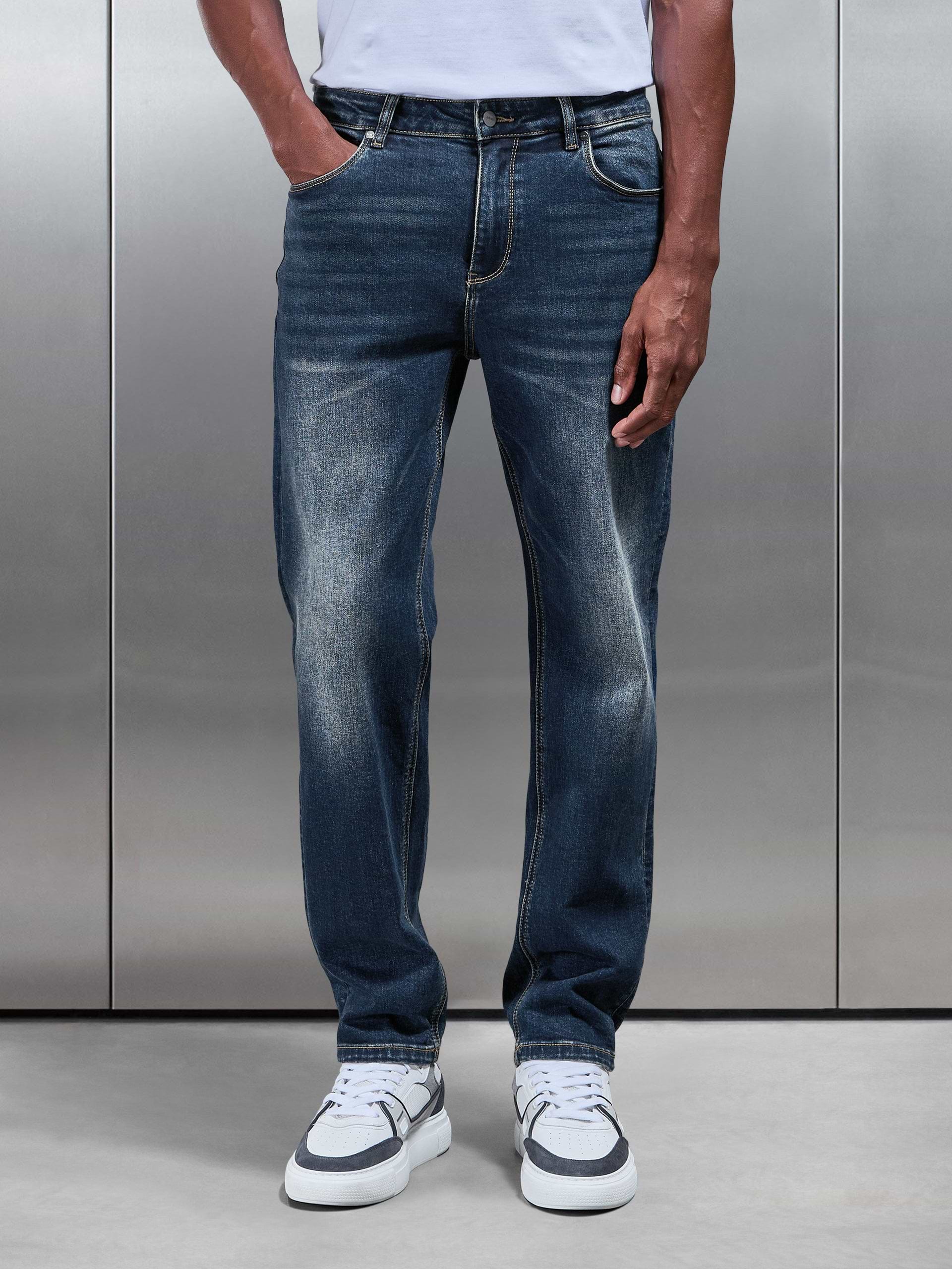 Mens Straight Leg Denim Jeans Vintage Blue