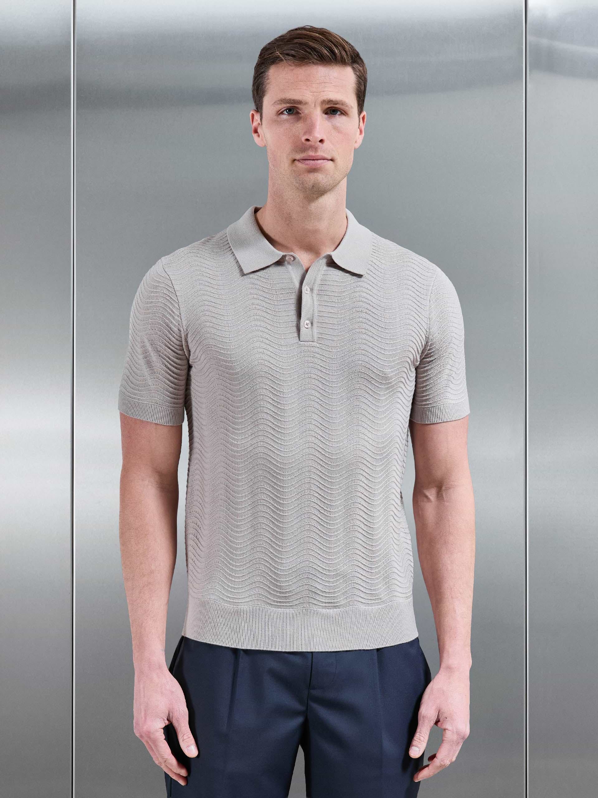 Arles Wave Plain Textured Polo Shirt in Stone