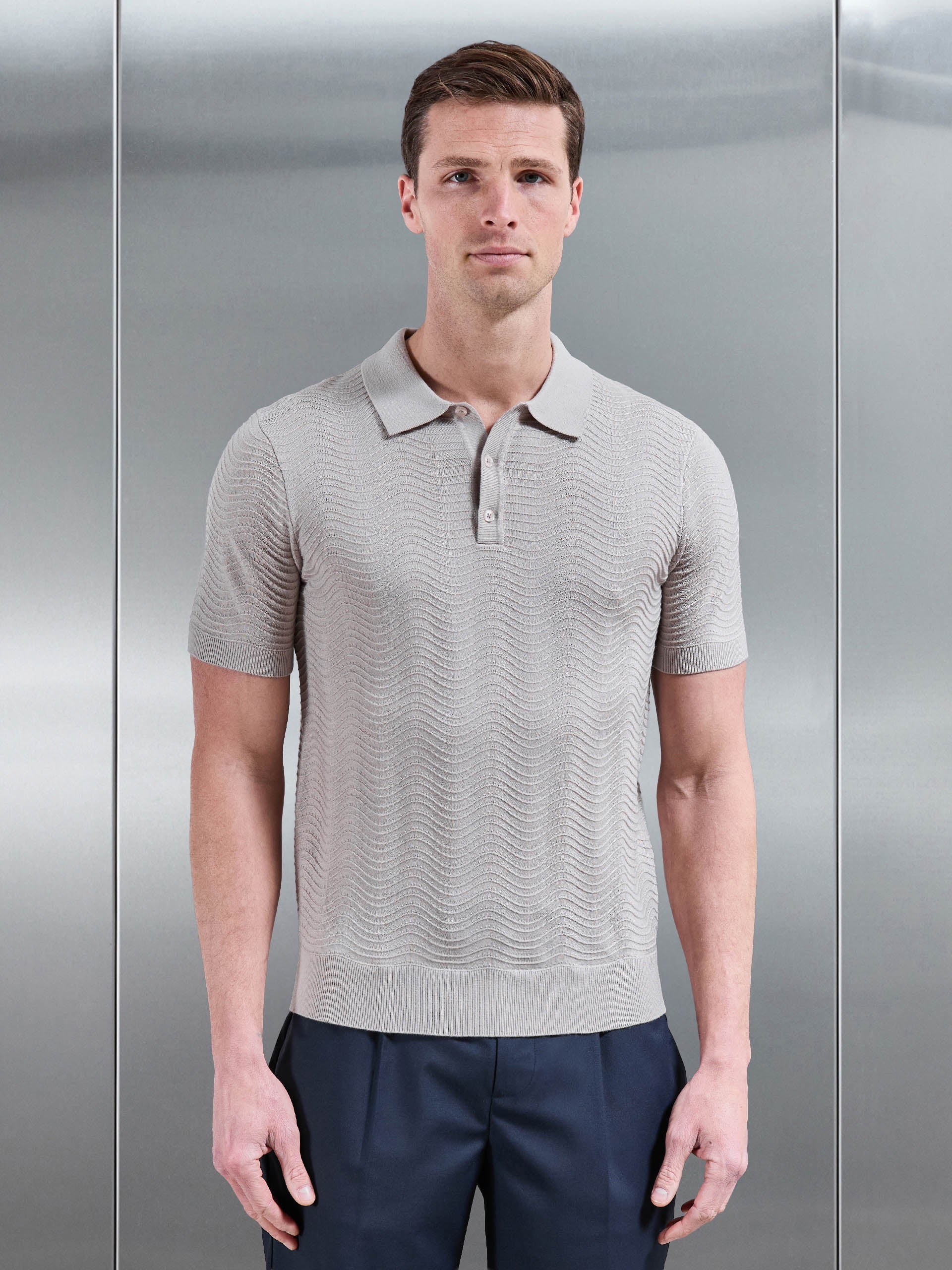 Mens Arles Wave Plain Textured Polo Shirt in Stone