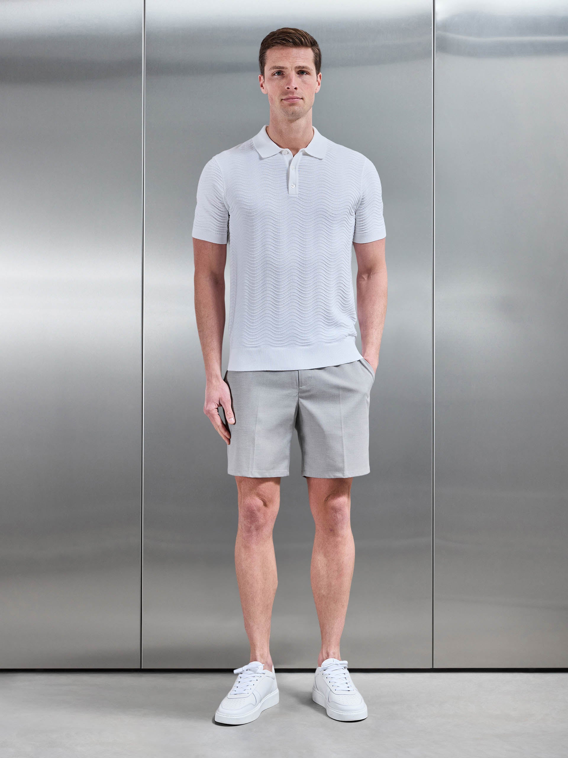 Mens Arles Wave Plain Textured Polo Shirt in White