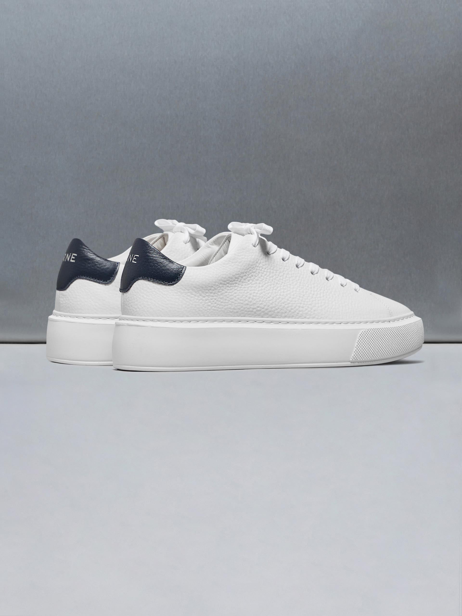 Mens Basic Essential Leather Trainer in White Navy