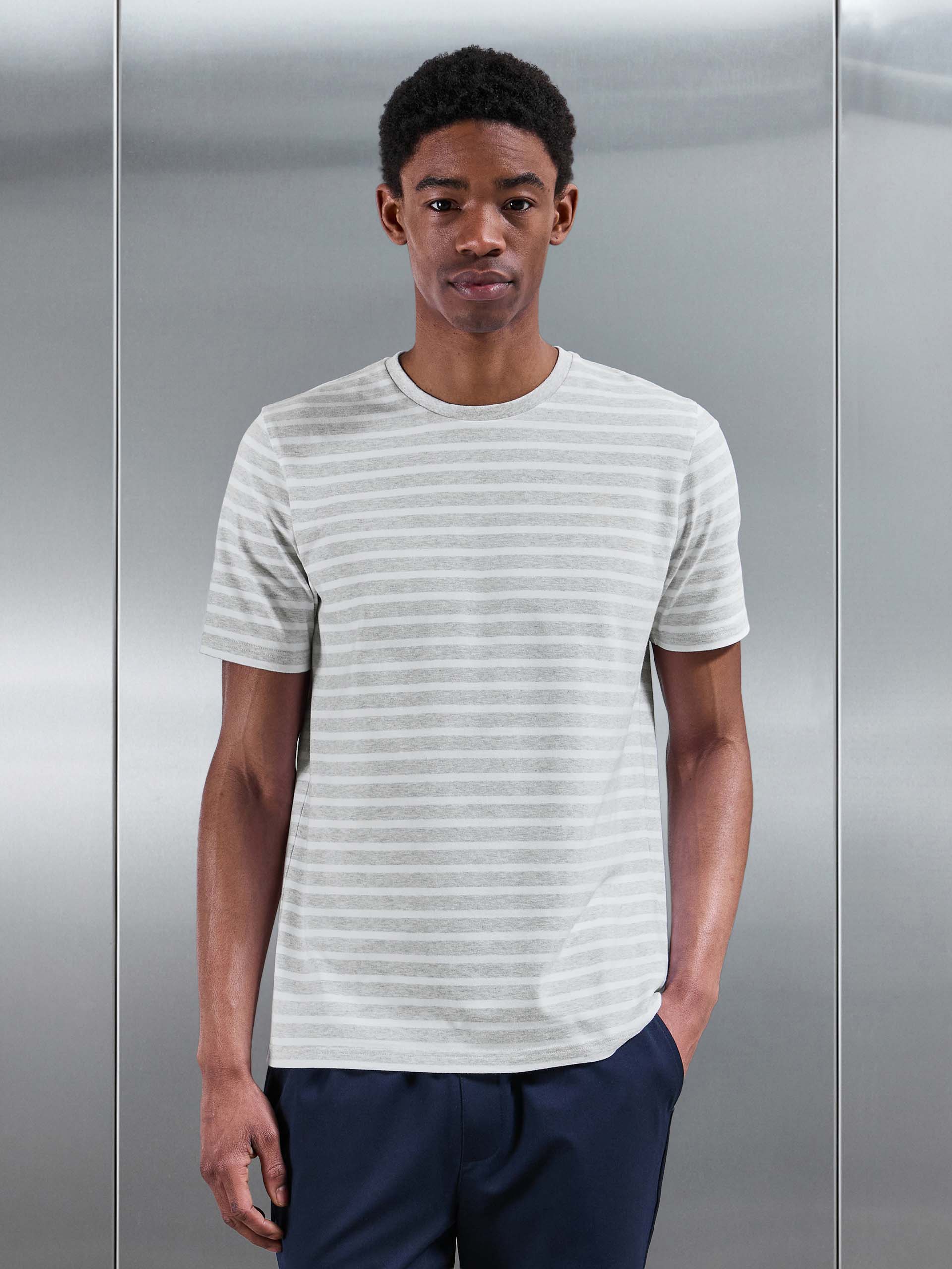 Mens Basic Stripe T-Shirt in Marl Grey White