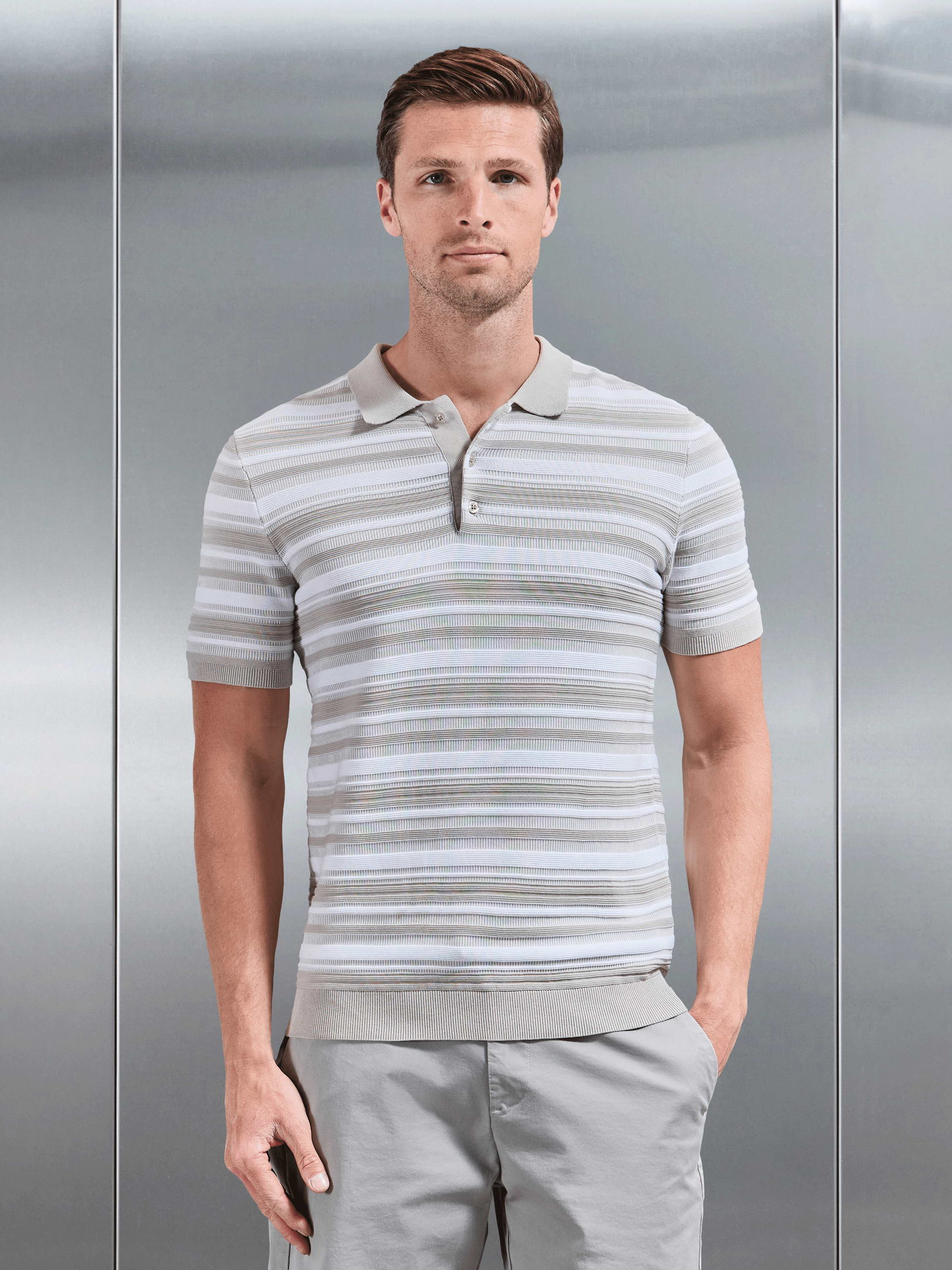 Bellano Knitted Textured Stripe Polo Shirt in Stone