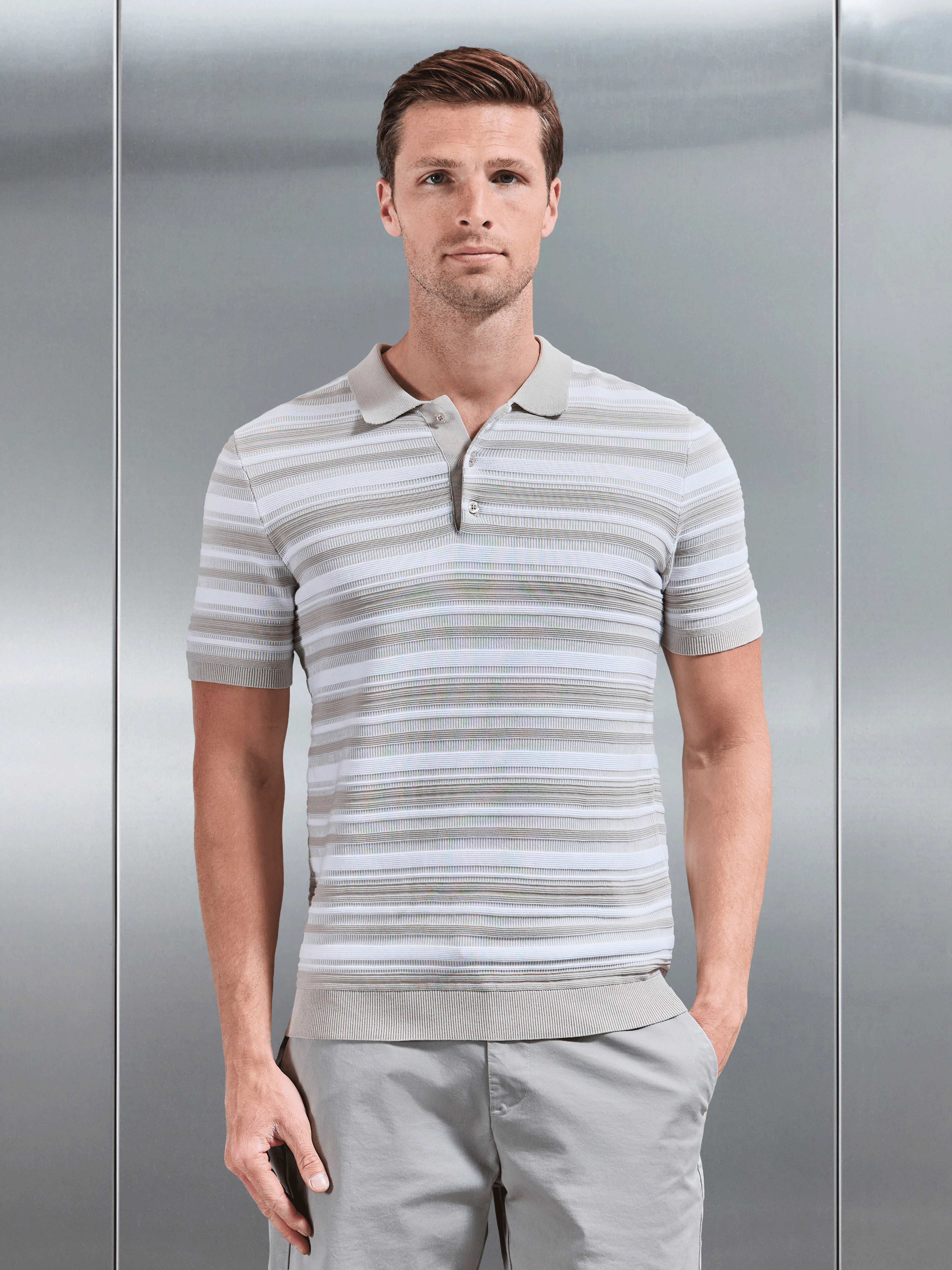 Mens Bellano Knitted Textured Stripe Polo Shirt in Stone