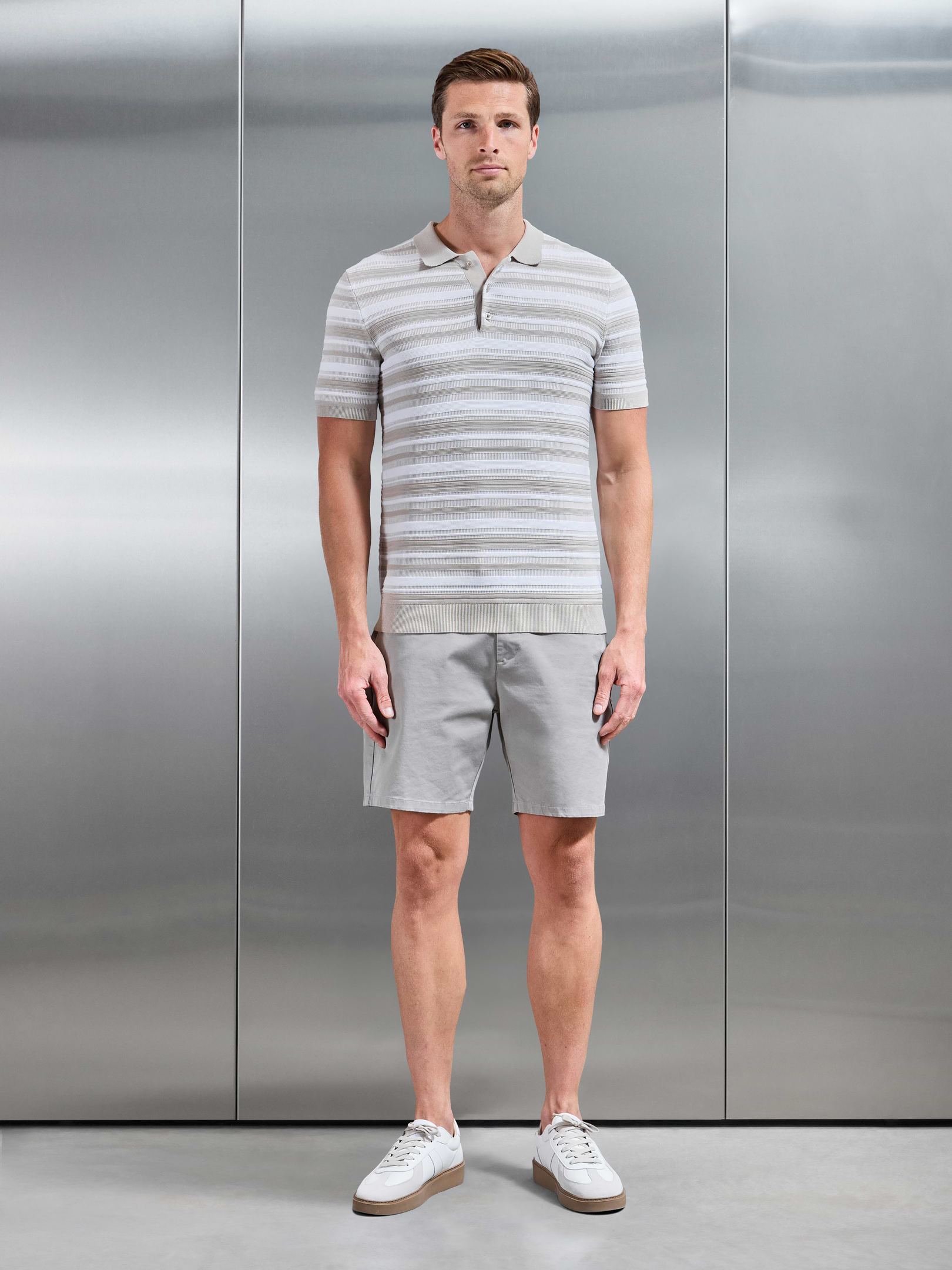 Bellano Knitted Textured Stripe Polo Shirt in Stone