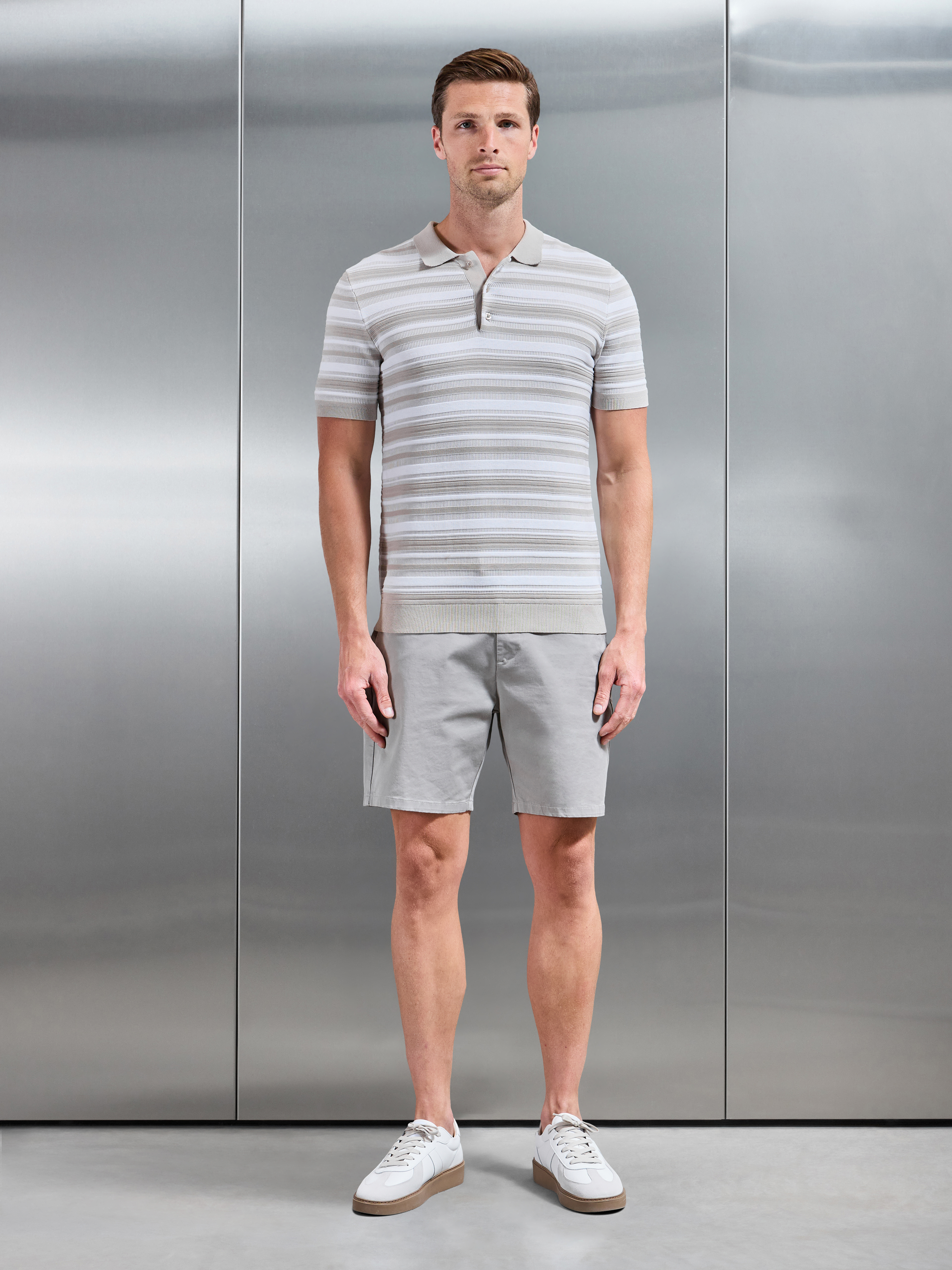 Mens Bellano Knitted Textured Stripe Polo Shirt in Stone