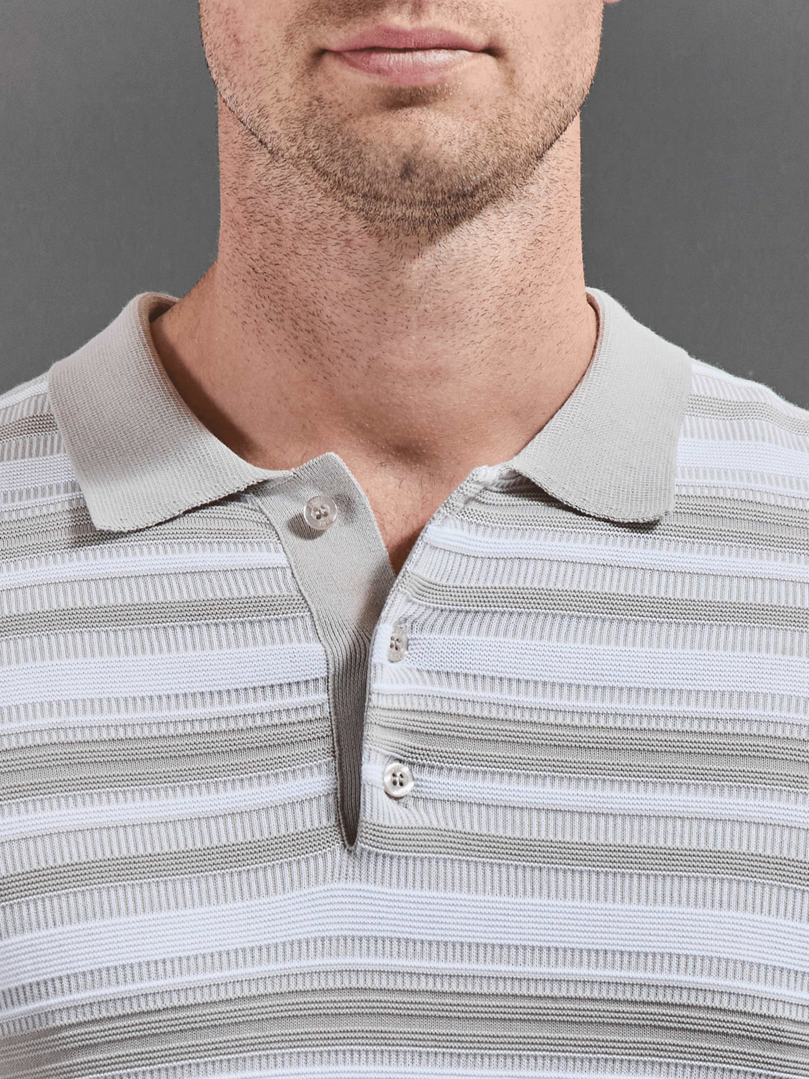 Bellano Knitted Textured Stripe Polo Shirt in Stone