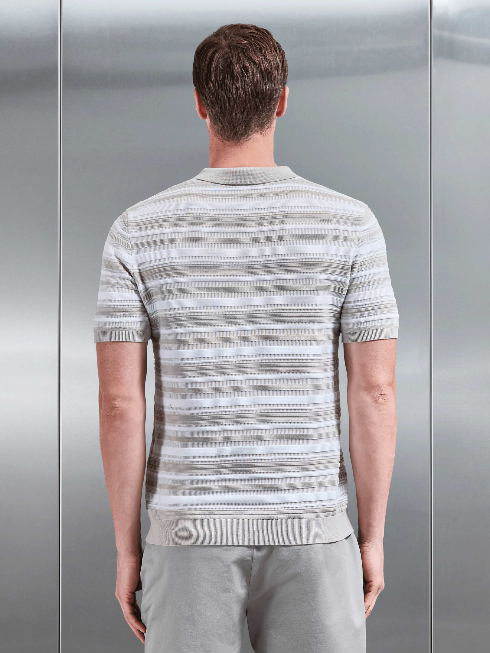 Bellano Knitted Textured Stripe Polo Shirt in Stone