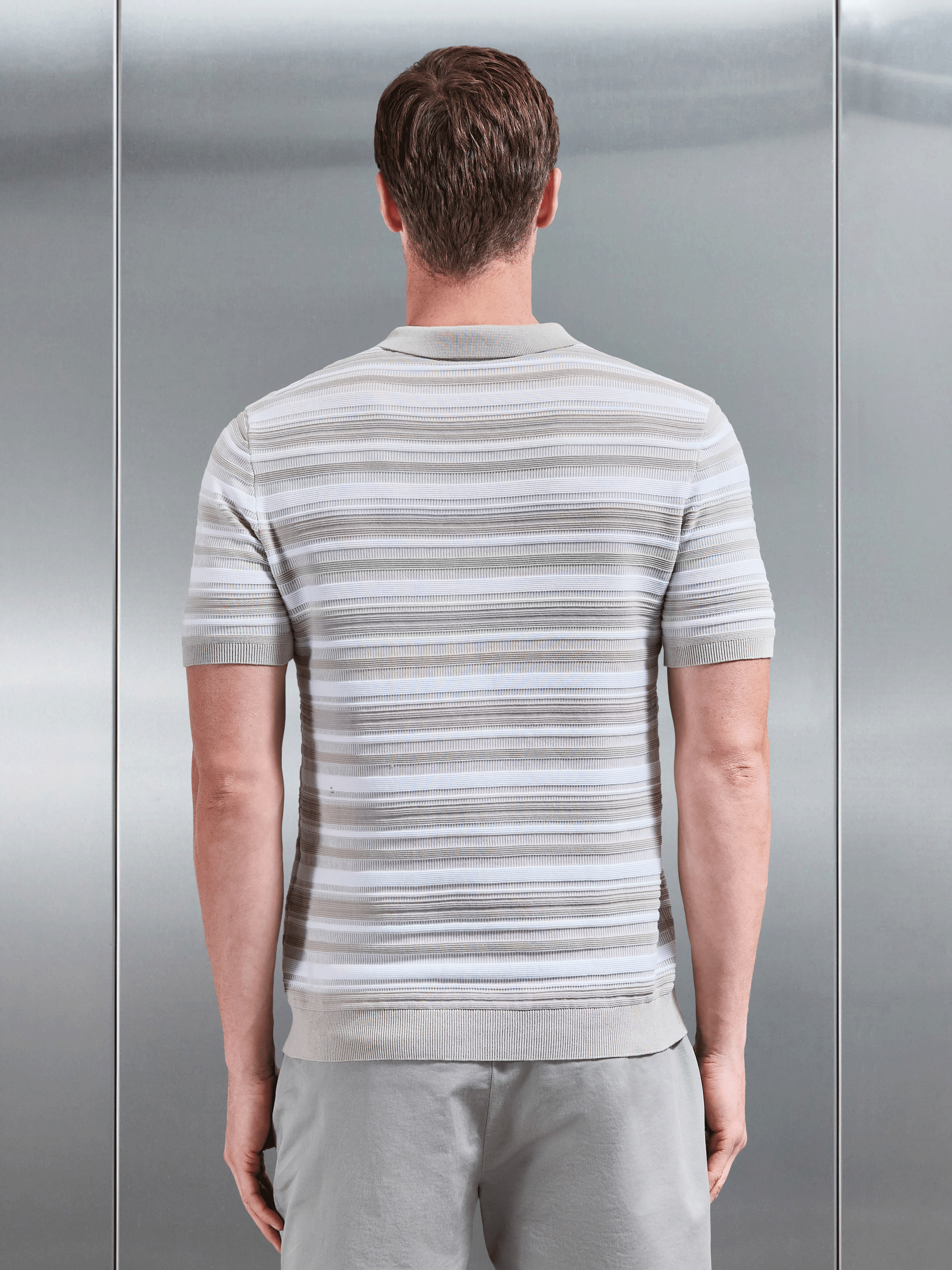 Mens Bellano Knitted Textured Stripe Polo Shirt in Stone