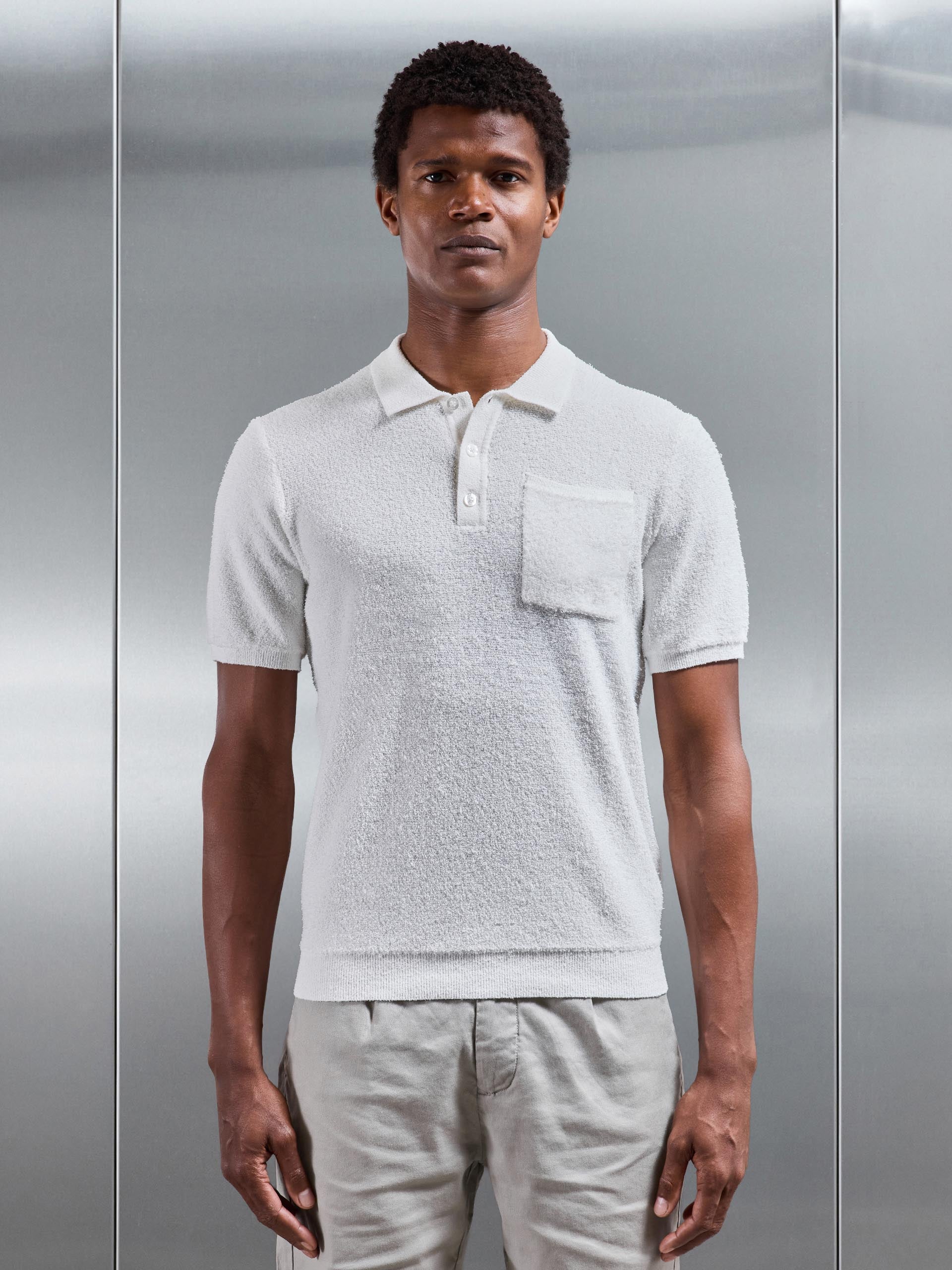 Mens Boucle Knitted Button Polo Shirt in White