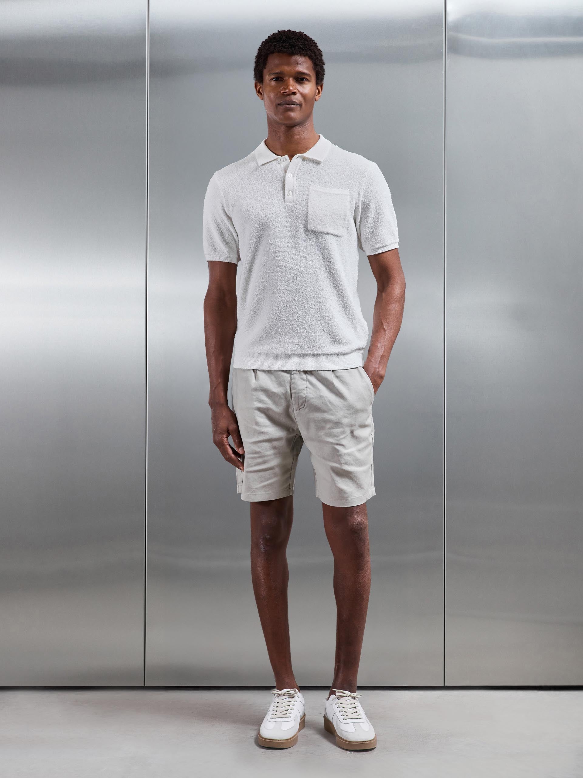 Mens Boucle Knitted Button Polo Shirt in White