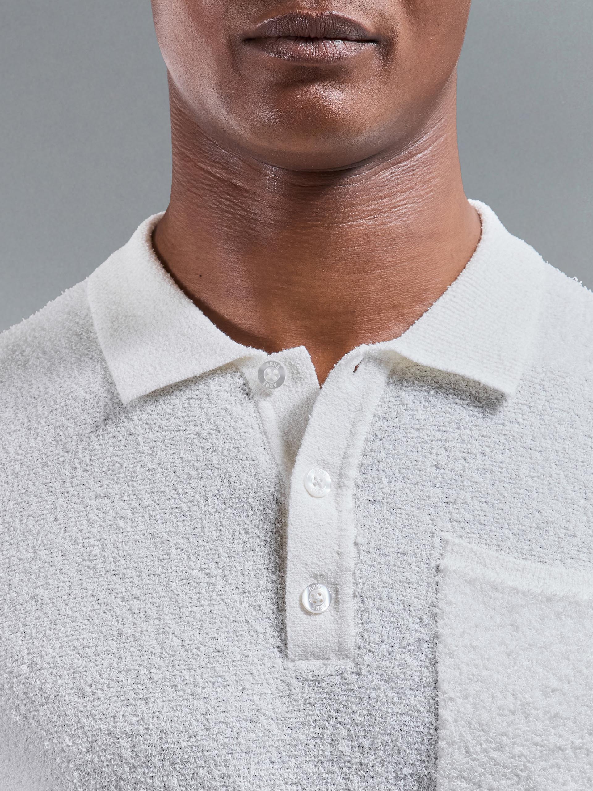 Mens Boucle Knitted Button Polo Shirt in White
