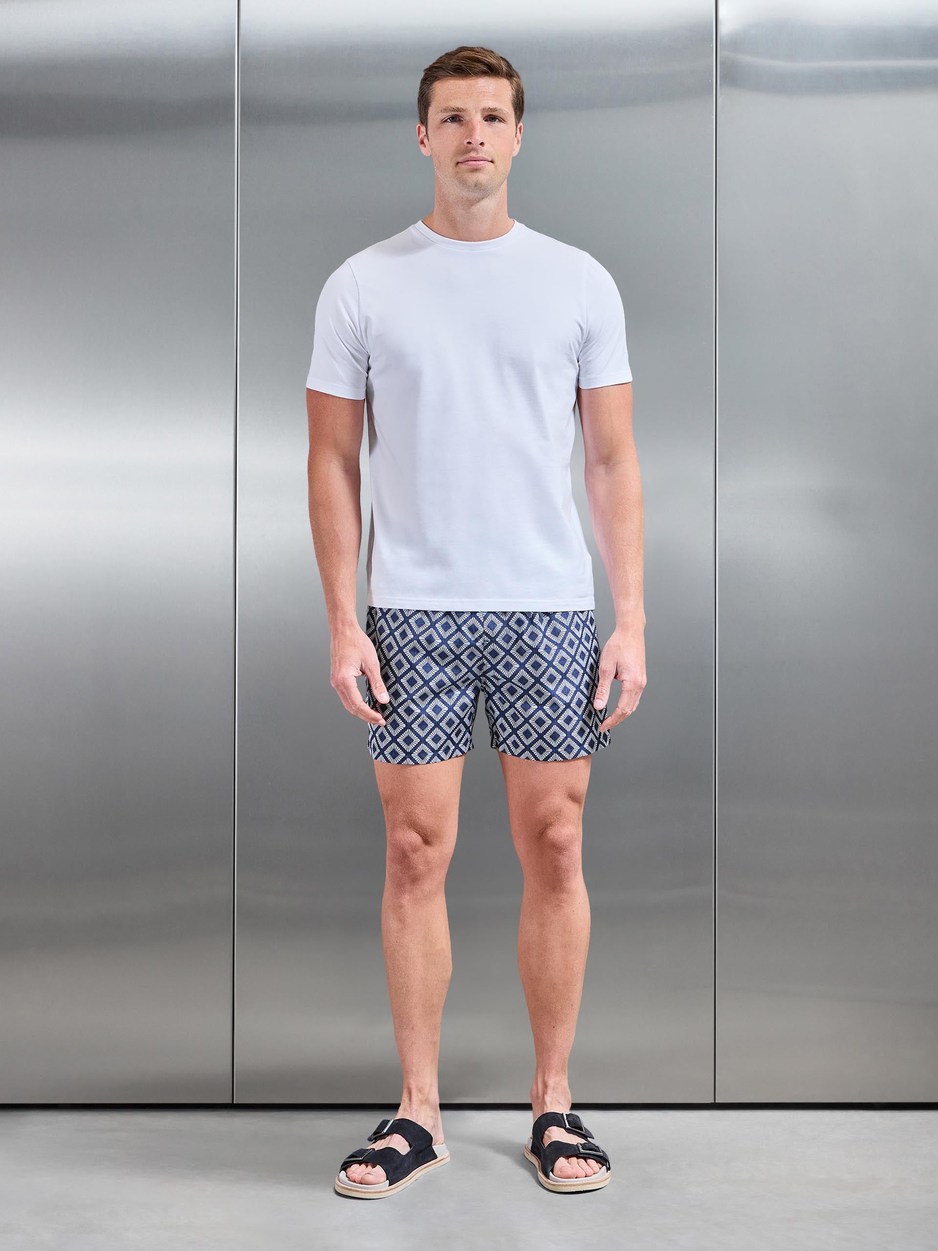 Mens Cabo Drawstring Printed Shell Swim Short in Navy