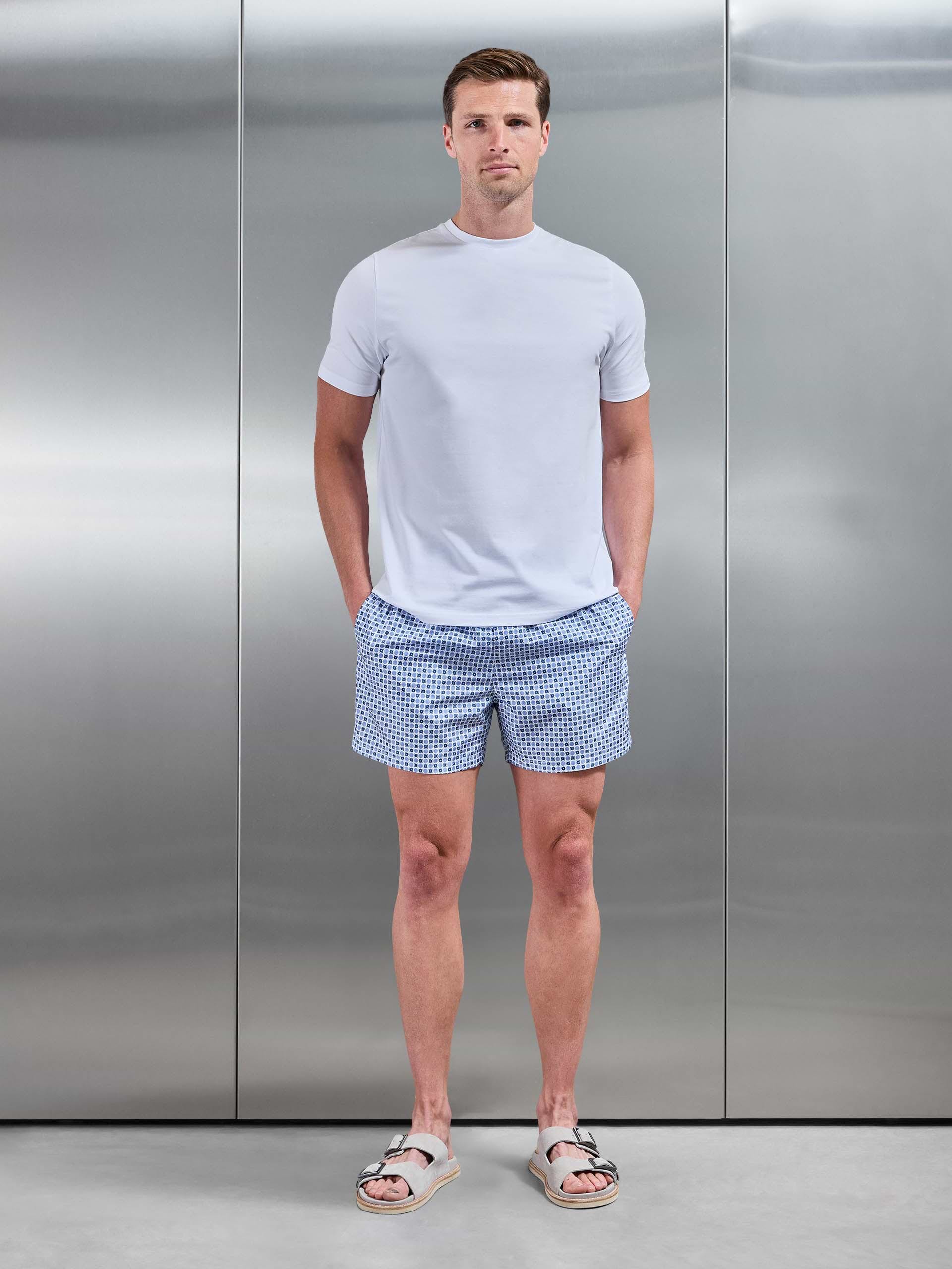 Mens Capri Drawstring Printed Shell Swim Short in Light Blue