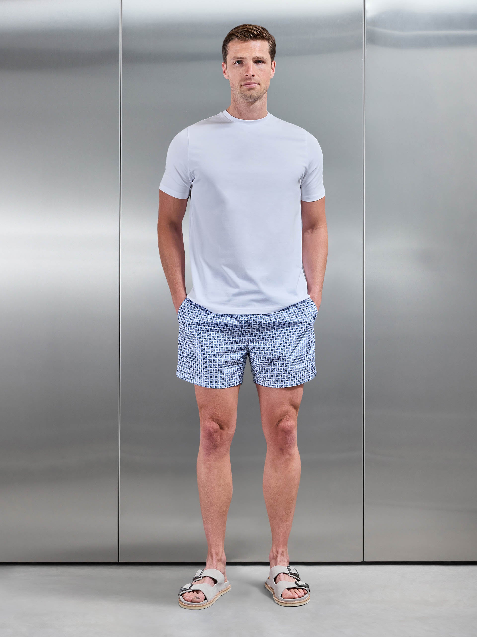 Mens Capri Drawstring Printed Shell Swim Short in Light Blue