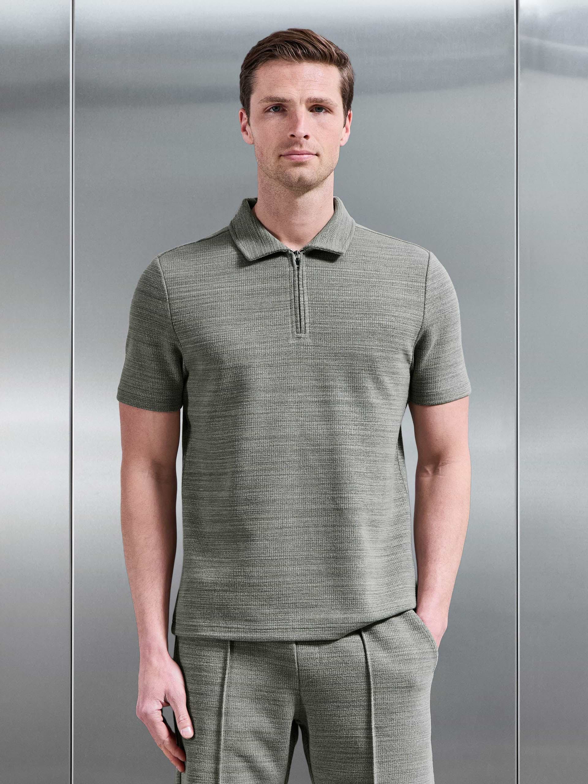 Cavour Textured Zip Polo Shirt in Olive