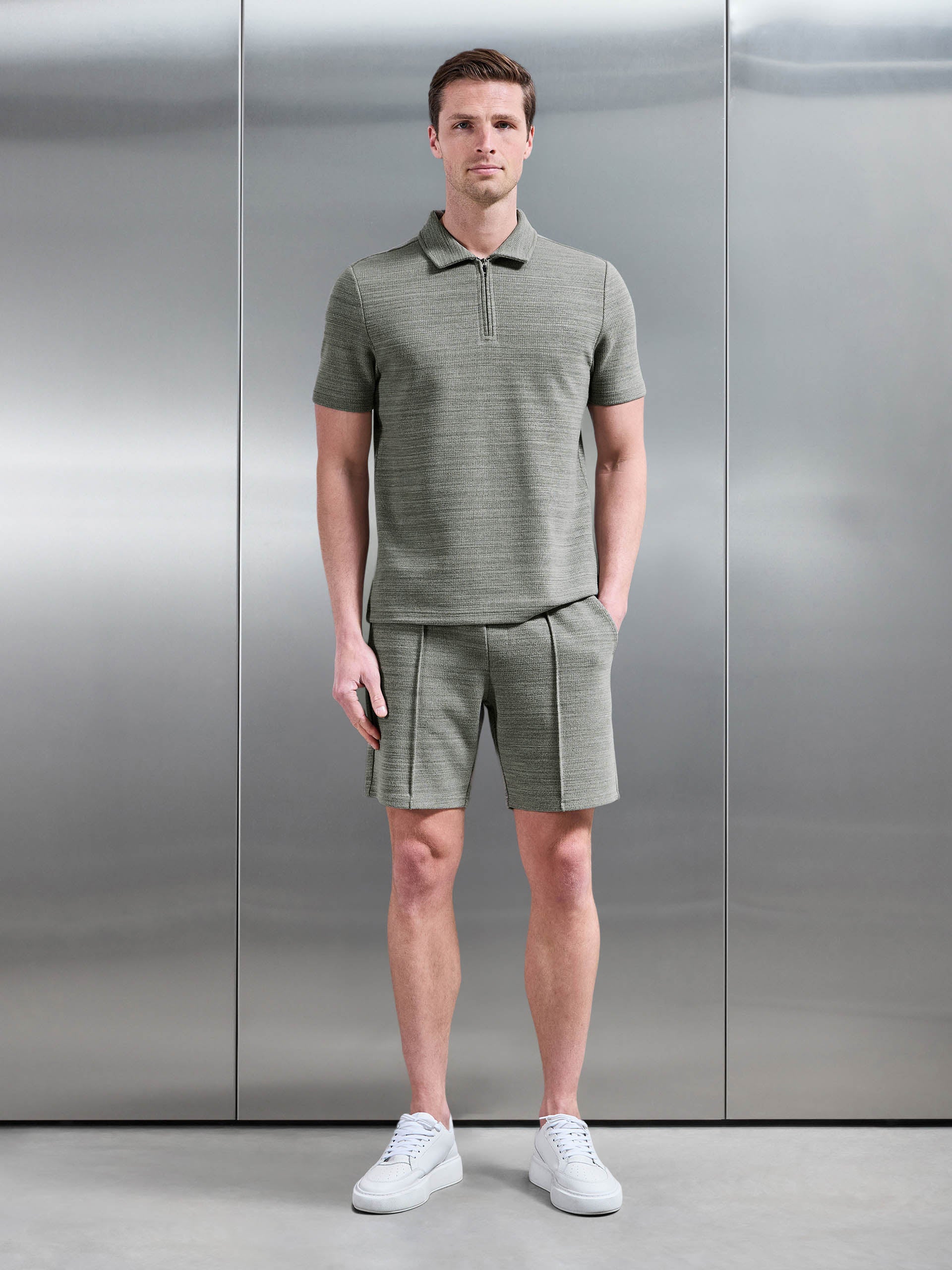 Mens Cavour Textured Zip Polo Shirt in Olive
