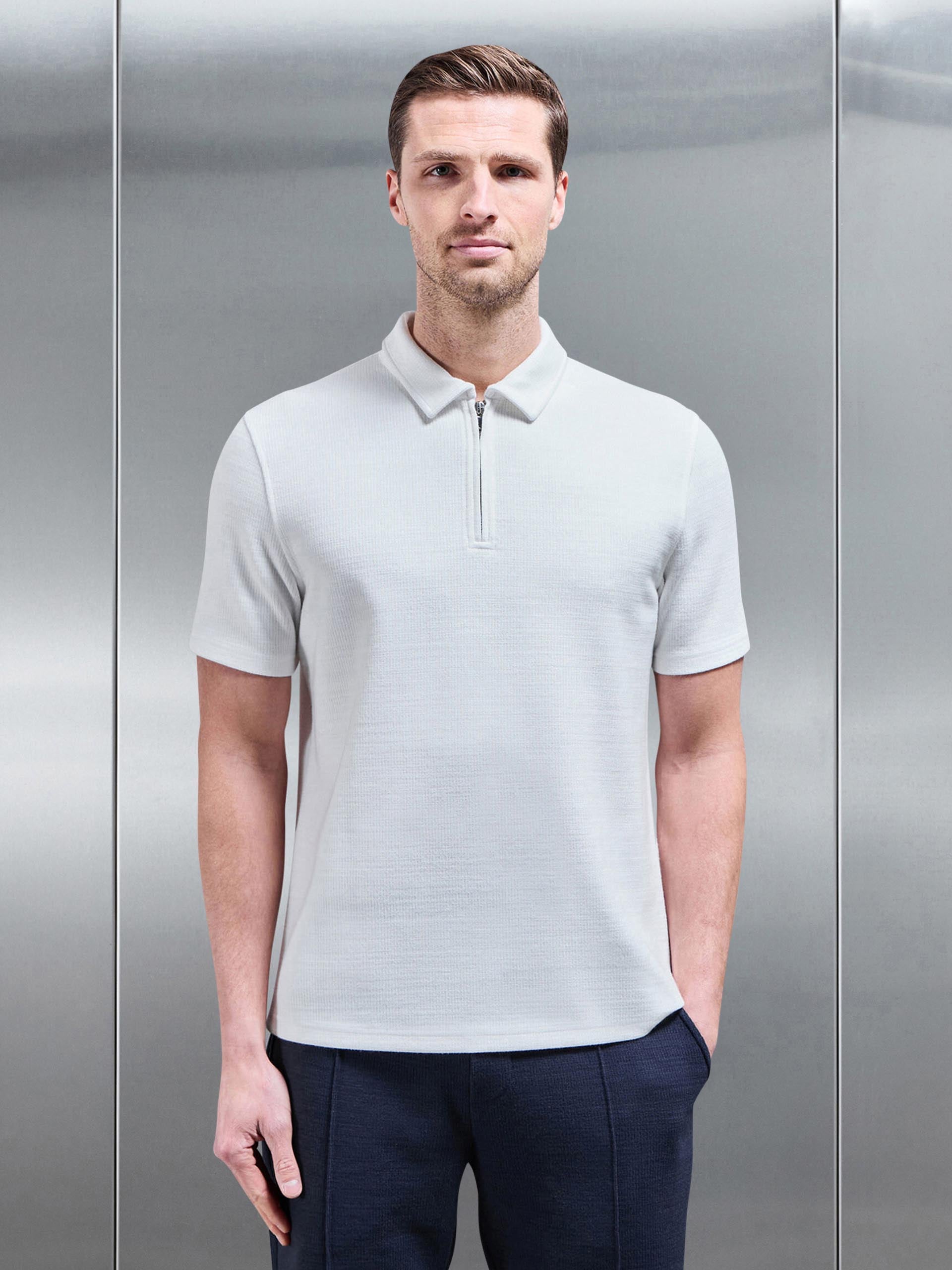 Mens Cavour Textured Zip Polo Shirt in White